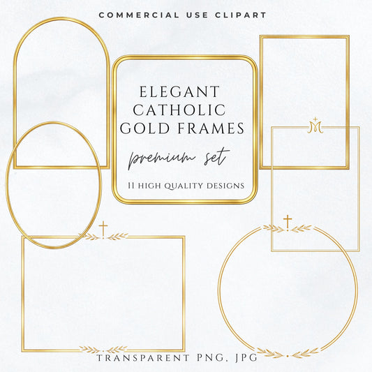 Elegant Catholic gold wedding frame clipart set with arches, rectangles, and circles | Set elegante de marcos dorados católicos para bodas con arcos, rectángulos y círculos