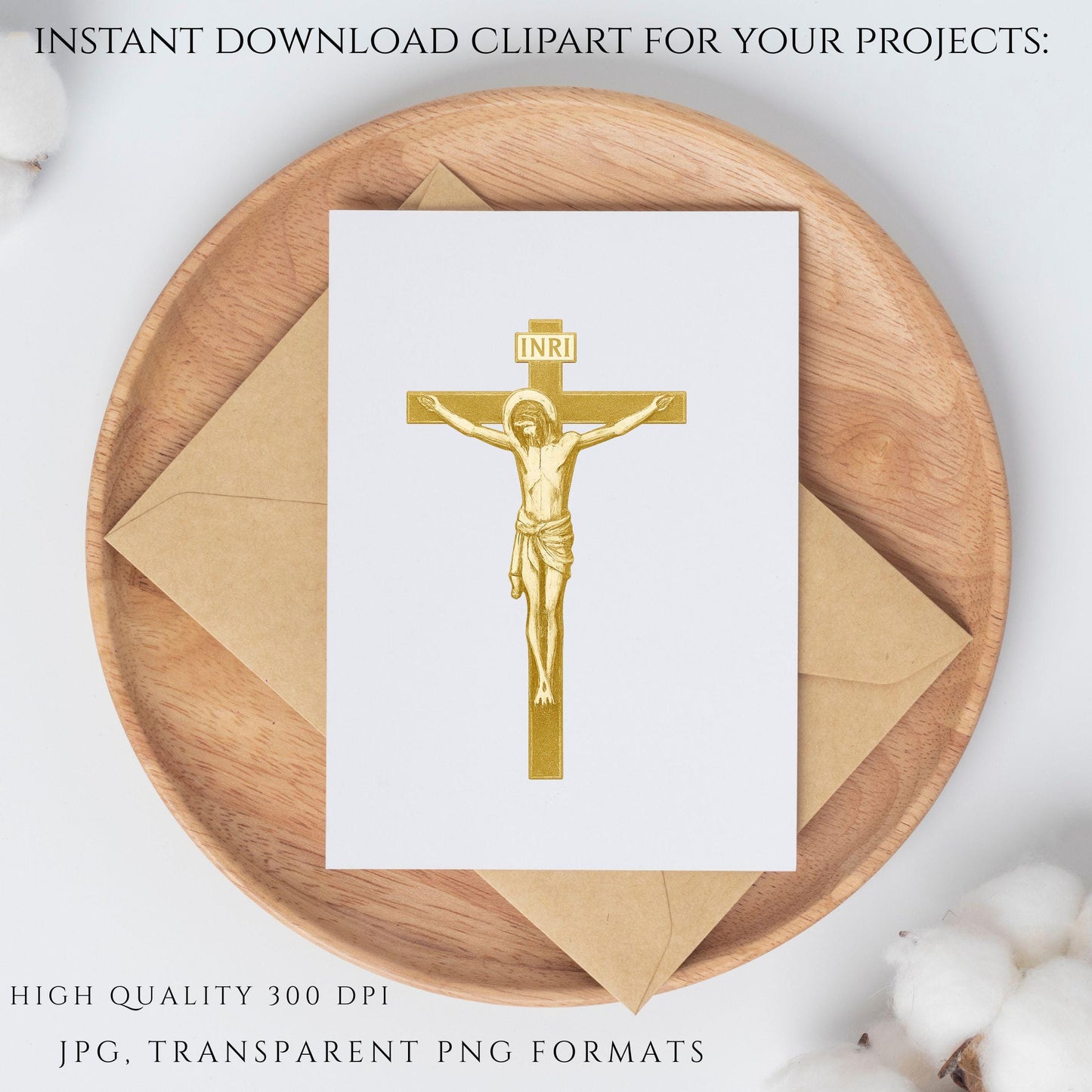 Catholic crucifix clipart set in elegant gold foil style / Set de clipart de crucifijos católicos en estilo dorado elegante