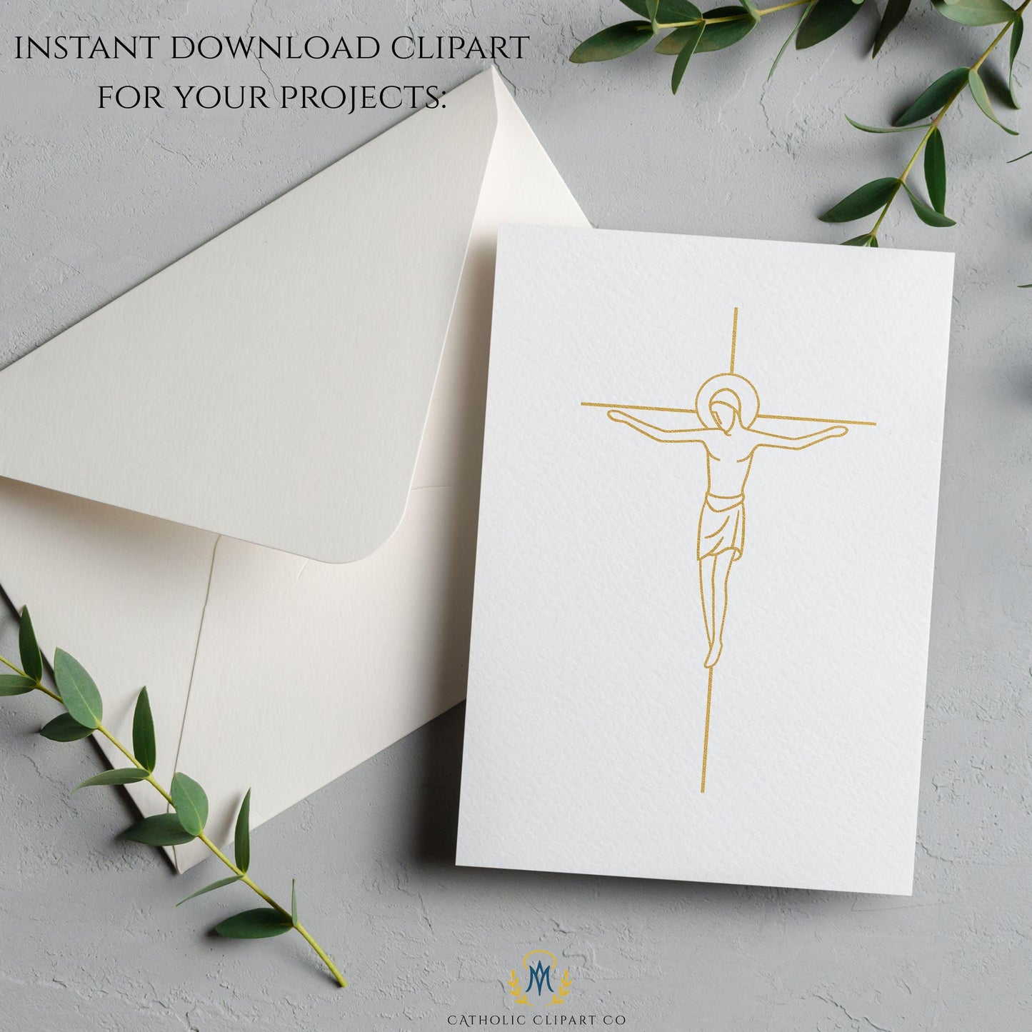 Traditional Catholic crucifix illustration in gold / Ilustración tradicional de crucifijo católico en dorado