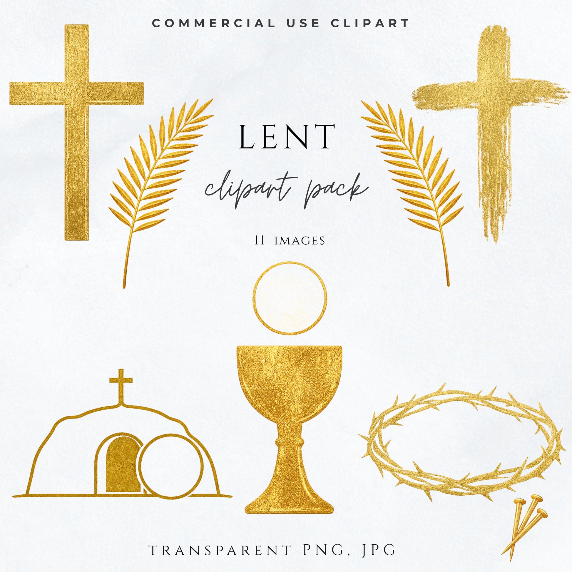 Gold Lent clipart pack featuring Catholic Lenten symbols including ash cross, palm branch, chalice, and empty tomb PNG | Clipart de Cuaresma en dorado con símbolos católicos como cruz de ceniza, palma, cáliz y tumba vacía PNG