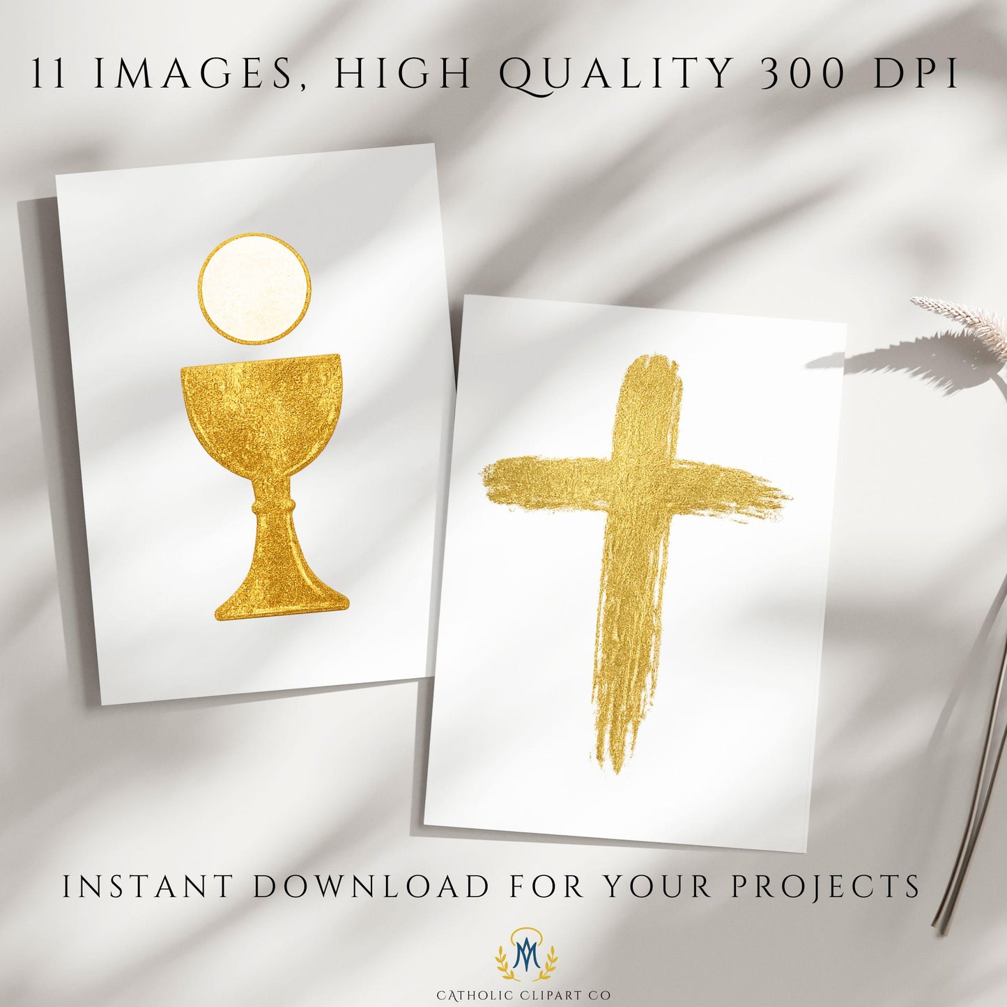 Lent Clipart Pack | Gold Catholic Lent Symbols | Ash Cross, Palm Branch, Chalice, Empty Tomb PNG | Commercial Use