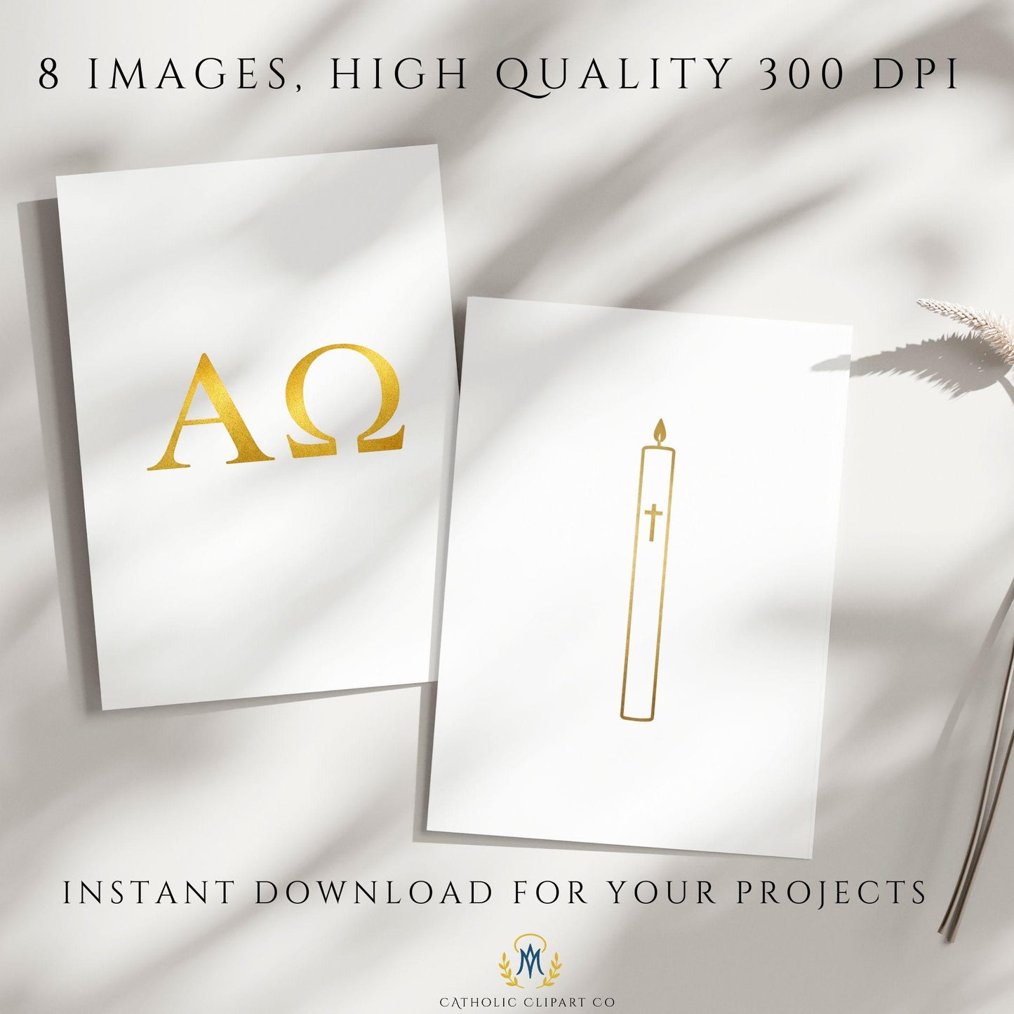 Minimal Catholic Easter clipart with gold foil resurrection cross and Alleluia wordmark
Clipart minimalista de Pascua católica con cruz de la resurrección en oro y palabra Aleluya