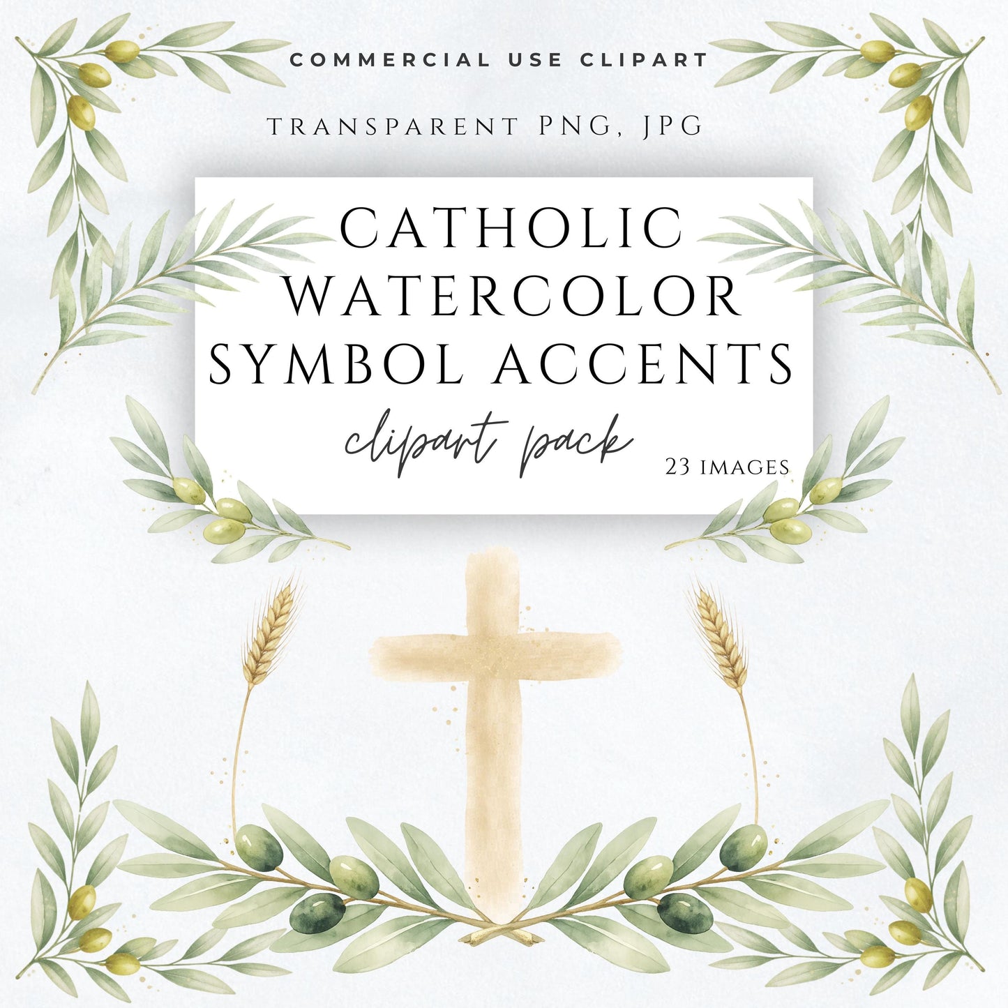 Catholic watercolor symbol accents clipart pack with olive branches, botanical greenery, and soft religious elements | Clipart católico en acuarela con ramas de olivo, follaje botánico y símbolos religiosos suaves