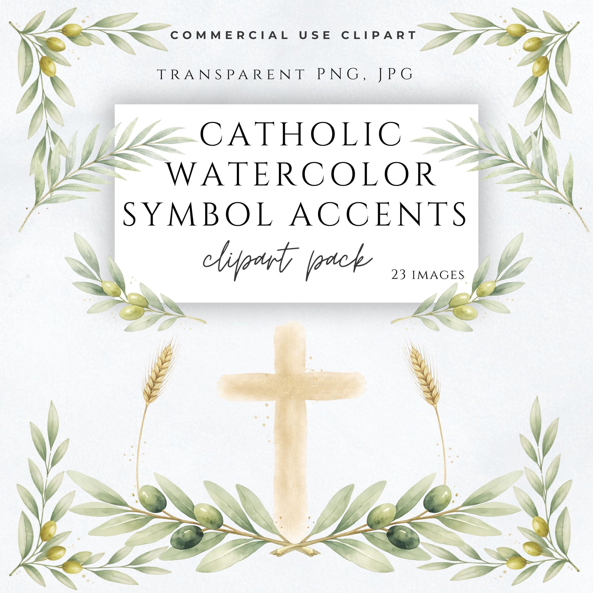 Catholic watercolor symbol accents clipart pack with olive branches, botanical greenery, and soft religious elements | Clipart católico en acuarela con ramas de olivo, follaje botánico y símbolos religiosos suaves