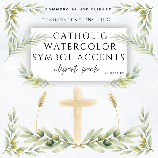 Catholic watercolor symbol accents clipart pack with olive branches, botanical greenery, and soft religious elements | Clipart católico en acuarela con ramas de olivo, follaje botánico y símbolos religiosos suaves