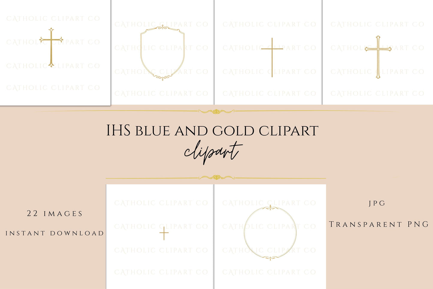 Host and cross Catholic symbol gold line art clipart / Símbolo católico de hostia y cruz clipart en línea dorada