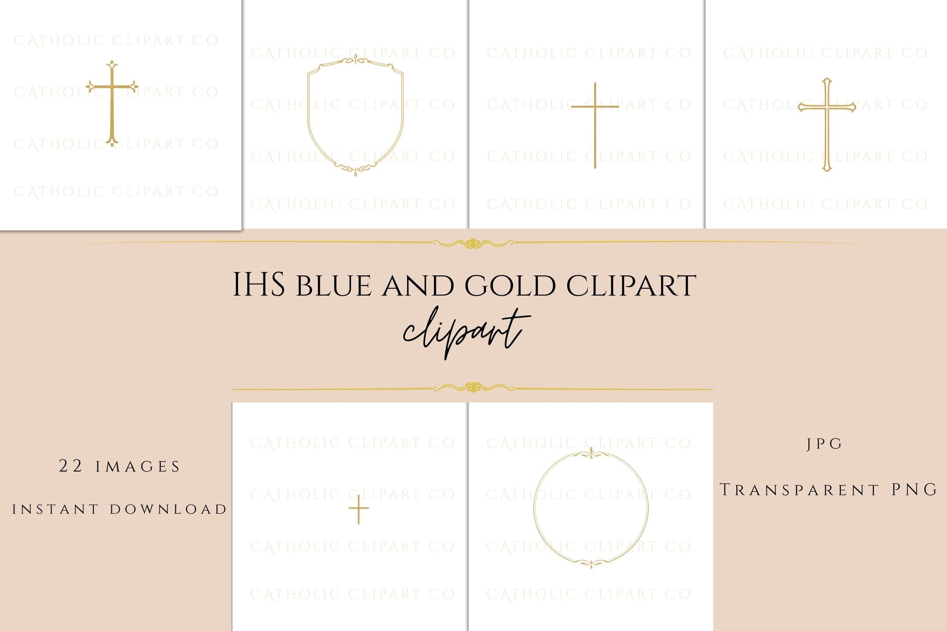 Host and cross Catholic symbol gold line art clipart / Símbolo católico de hostia y cruz clipart en línea dorada