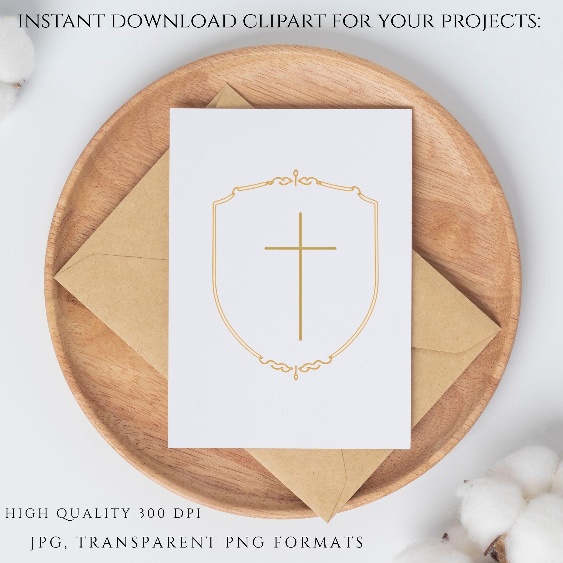 Simple gold cross Catholic clipart for sacramental invitations and decor / Cruz dorada sencilla clipart católico para invitaciones sacramentales