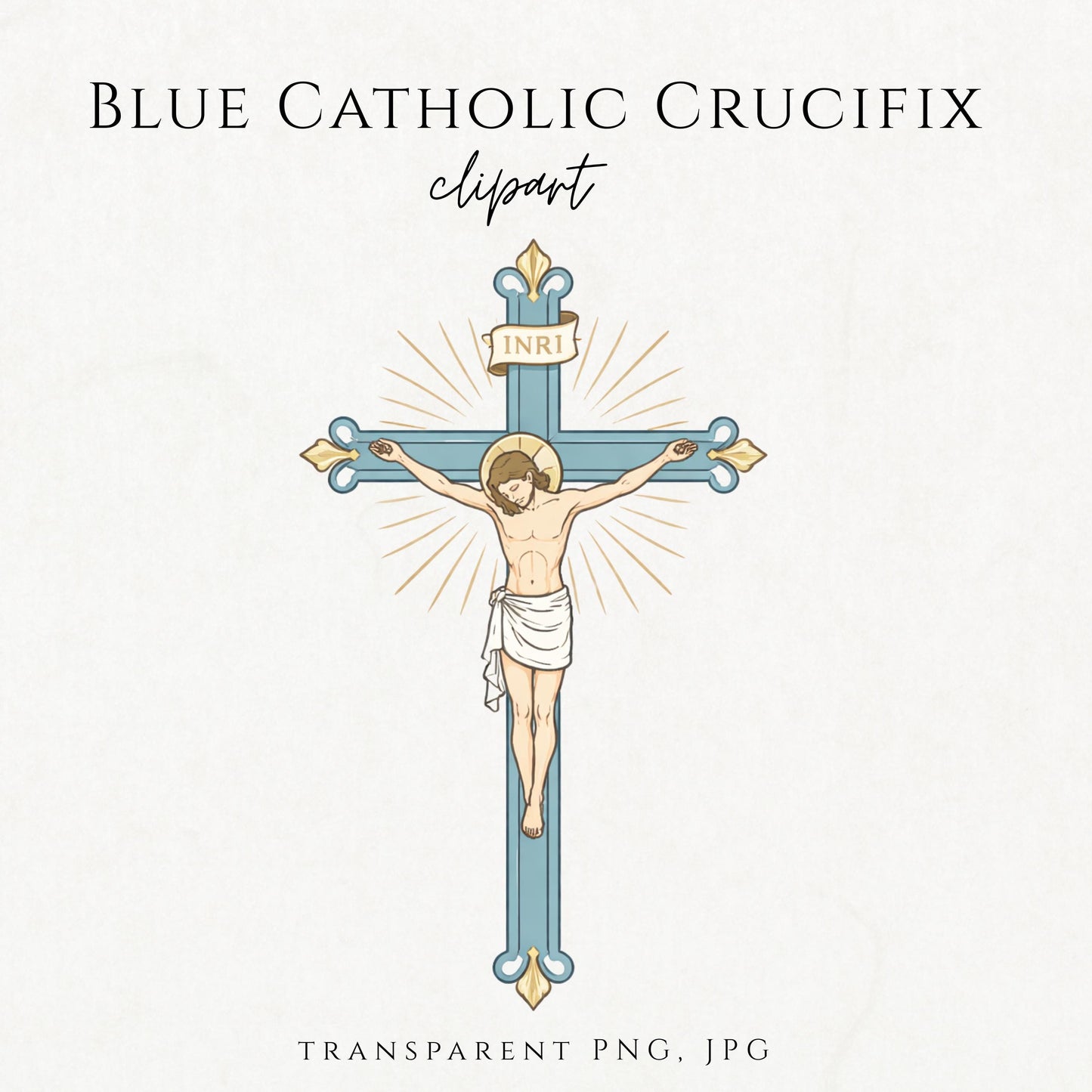 Blue Catholic crucifix clipart with Jesus on the cross, Marian blue and gold tones | Crucifijo católico azul con Jesús en la cruz