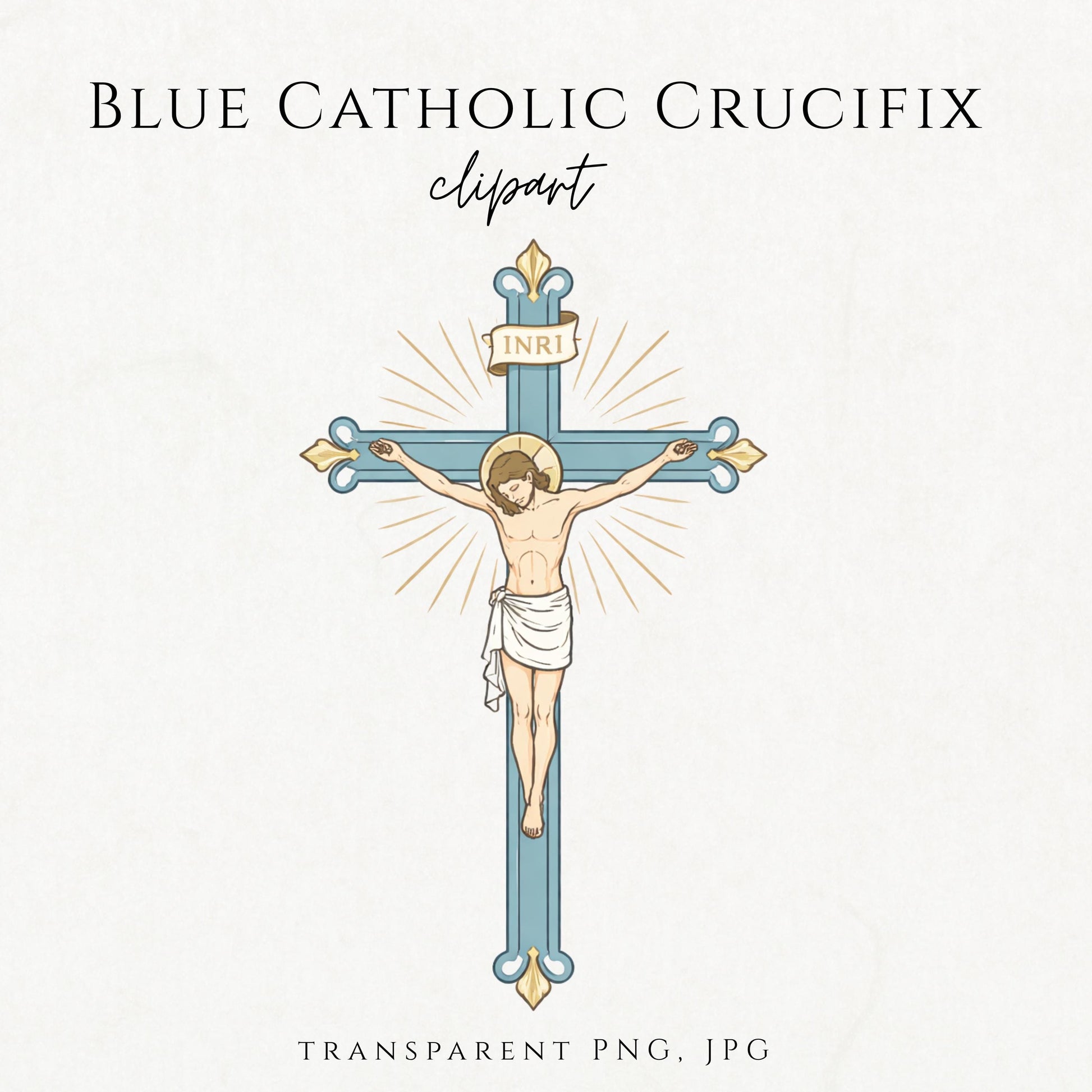 Blue Catholic crucifix clipart with Jesus on the cross, Marian blue and gold tones | Crucifijo católico azul con Jesús en la cruz