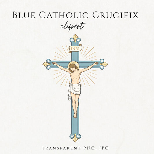 Blue Catholic crucifix clipart with Jesus on the cross, Marian blue and gold tones | Crucifijo católico azul con Jesús en la cruz
