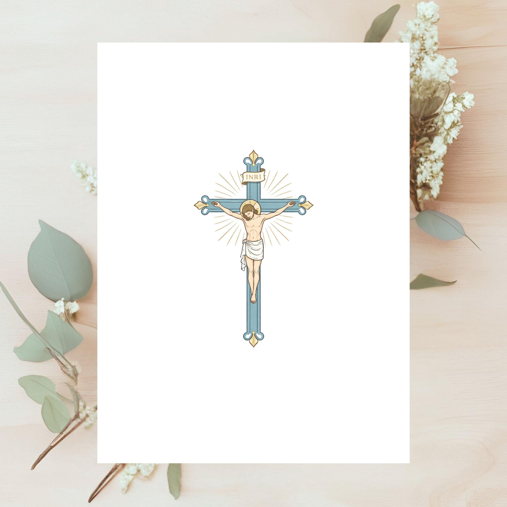 Catholic crucifix illustration in blue featuring Jesus Christ on the cross | Ilustración de crucifijo católico azul con Jesucristo