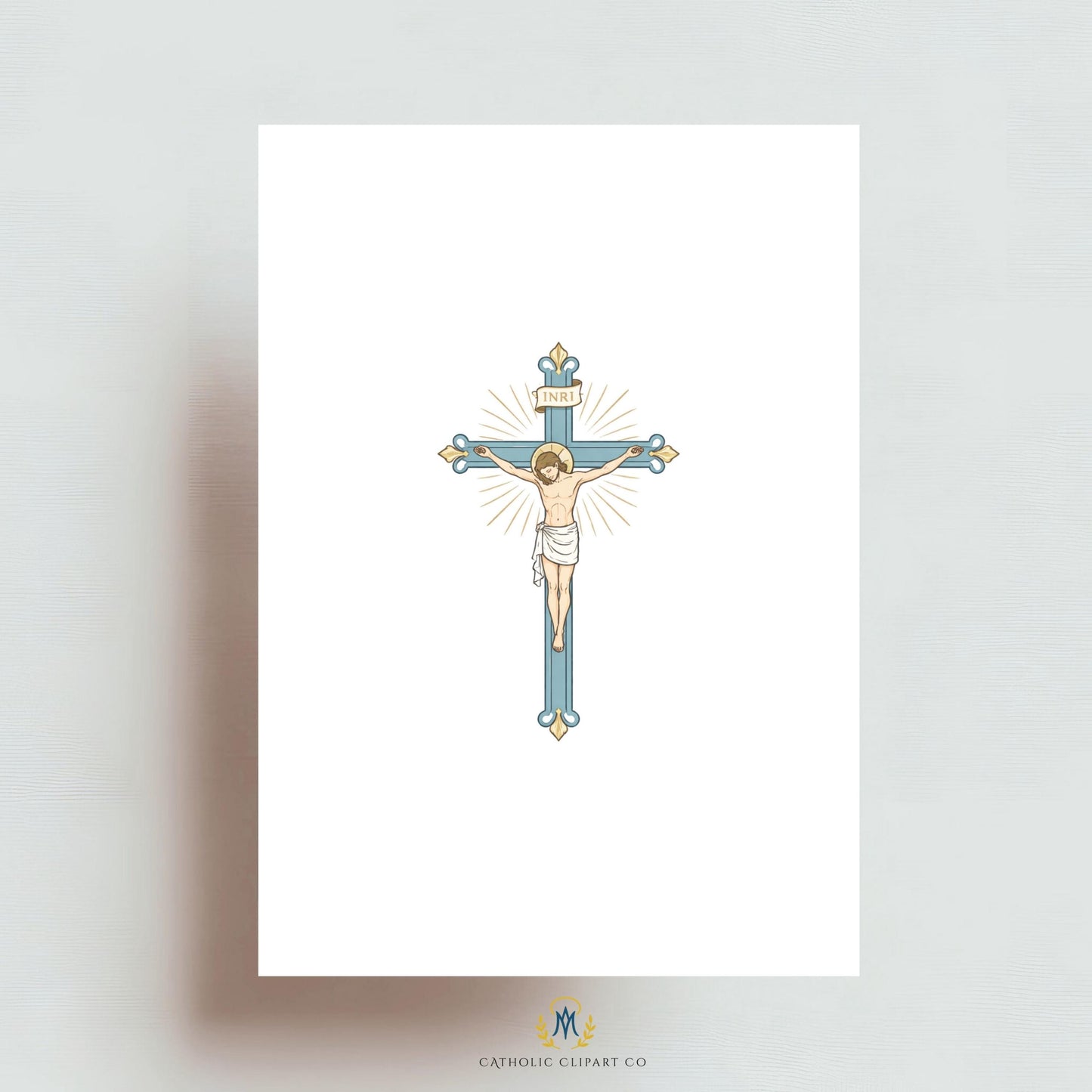 Traditional Catholic crucifix illustration with Marian blue palette | Ilustración tradicional de crucifijo católico en azul mariano