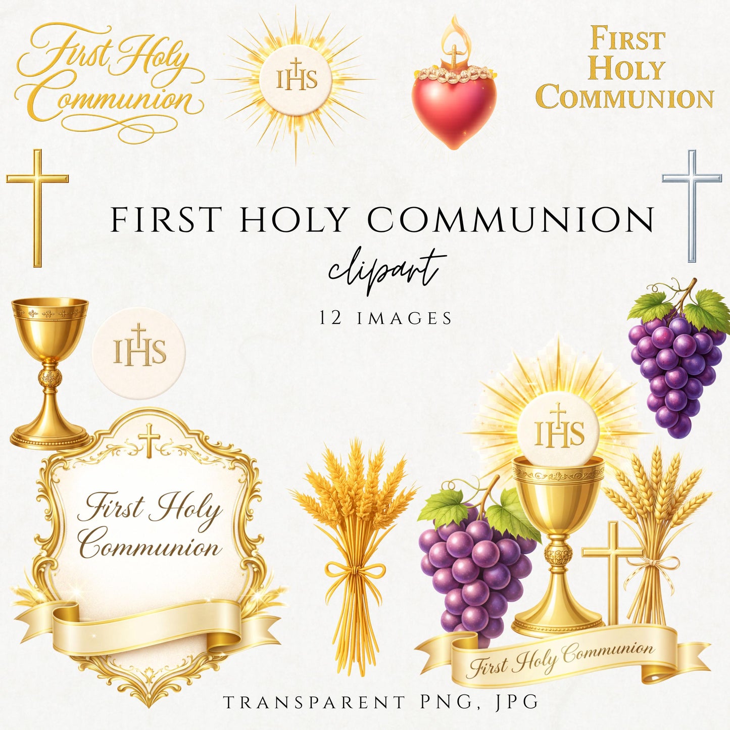 First Holy Communion clipart bundle with chalice, host, cross, wheat, and grapes — Paquete de clipart de Primera Comunión con cáliz, hostia, cruz, trigo y uvas