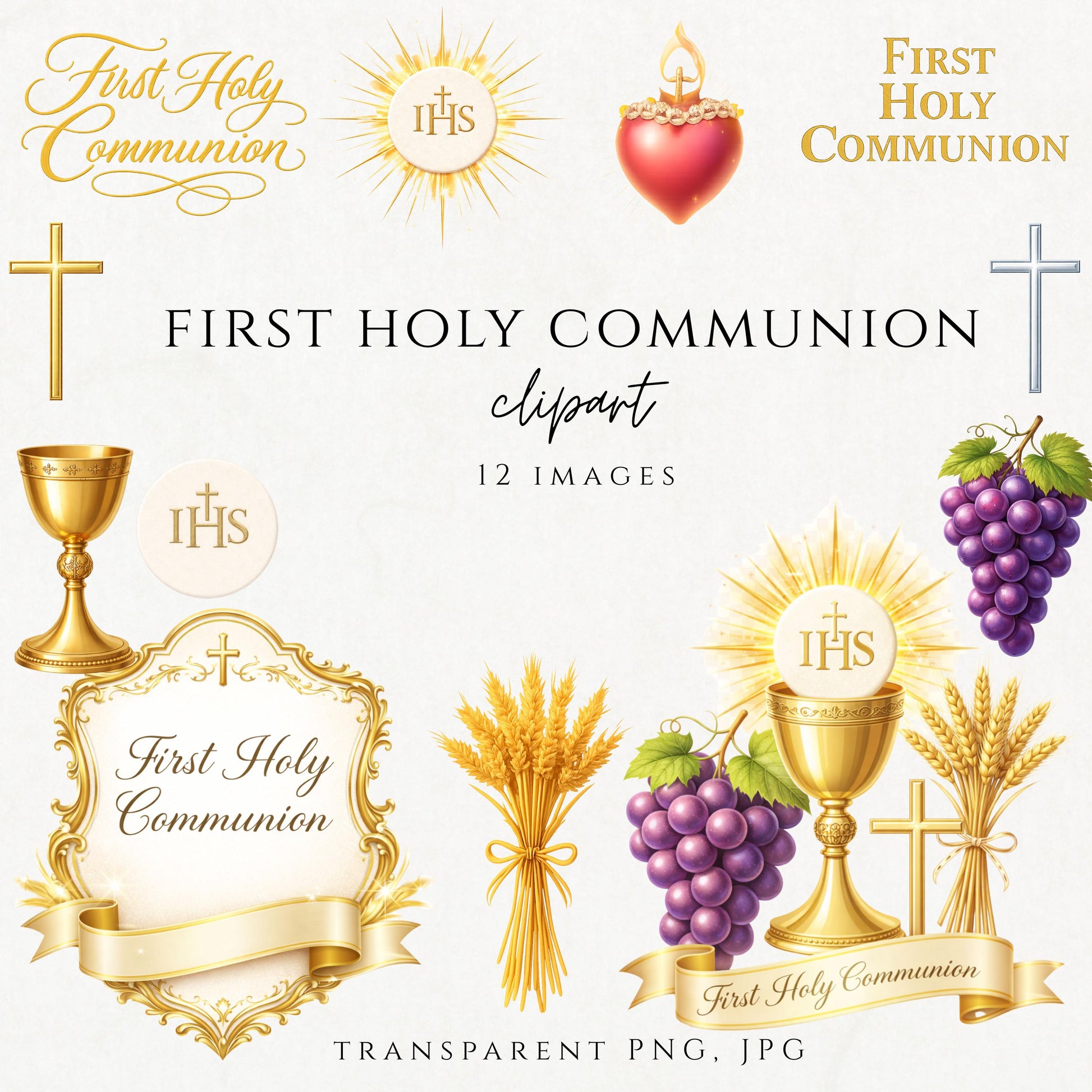 First Holy Communion clipart bundle with chalice, host, cross, wheat, and grapes — Paquete de clipart de Primera Comunión con cáliz, hostia, cruz, trigo y uvas
