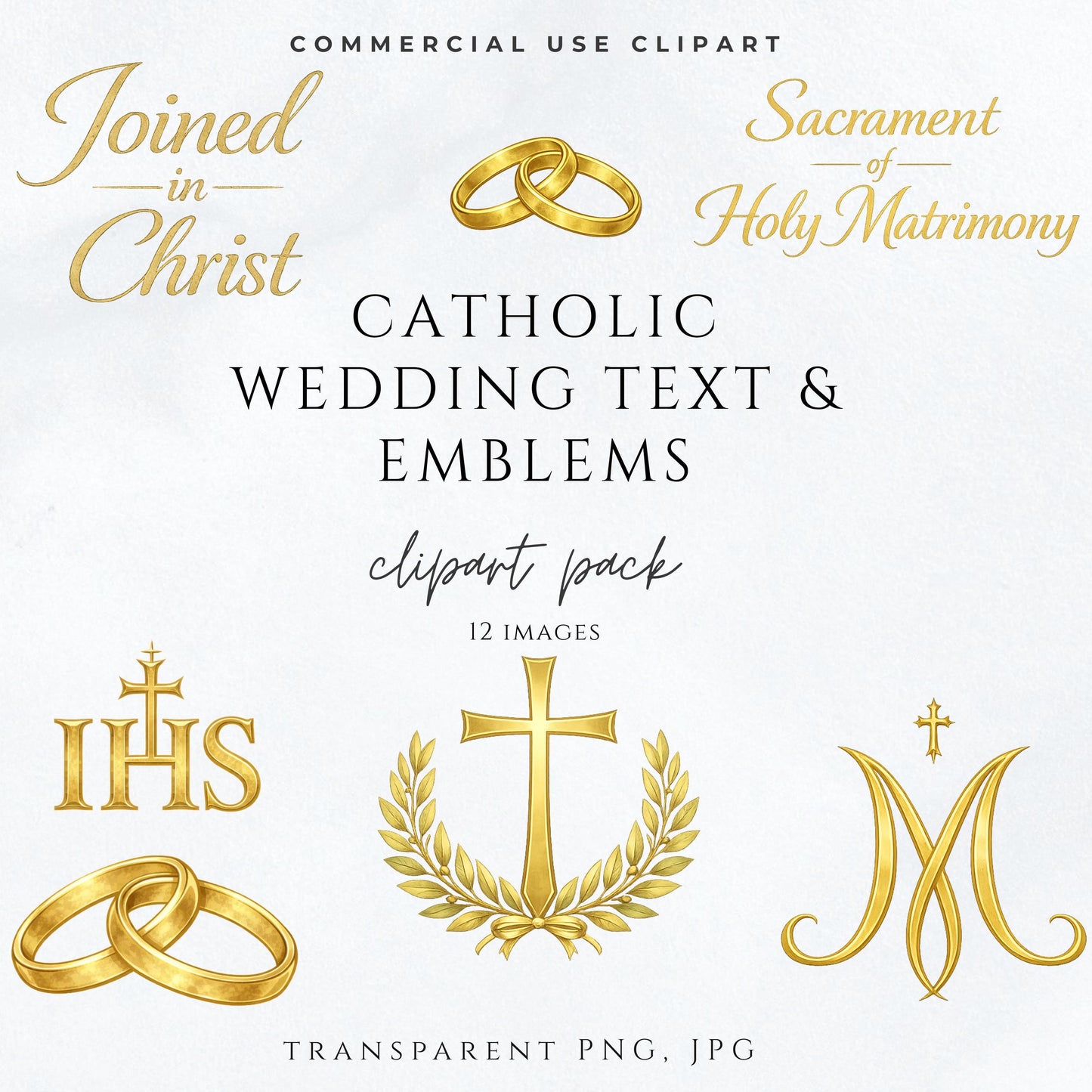 Catholic wedding clipart with gold Holy Matrimony text and wedding emblems / Clipart de boda católica con texto dorado del Santo Matrimonio y emblemas religiosos