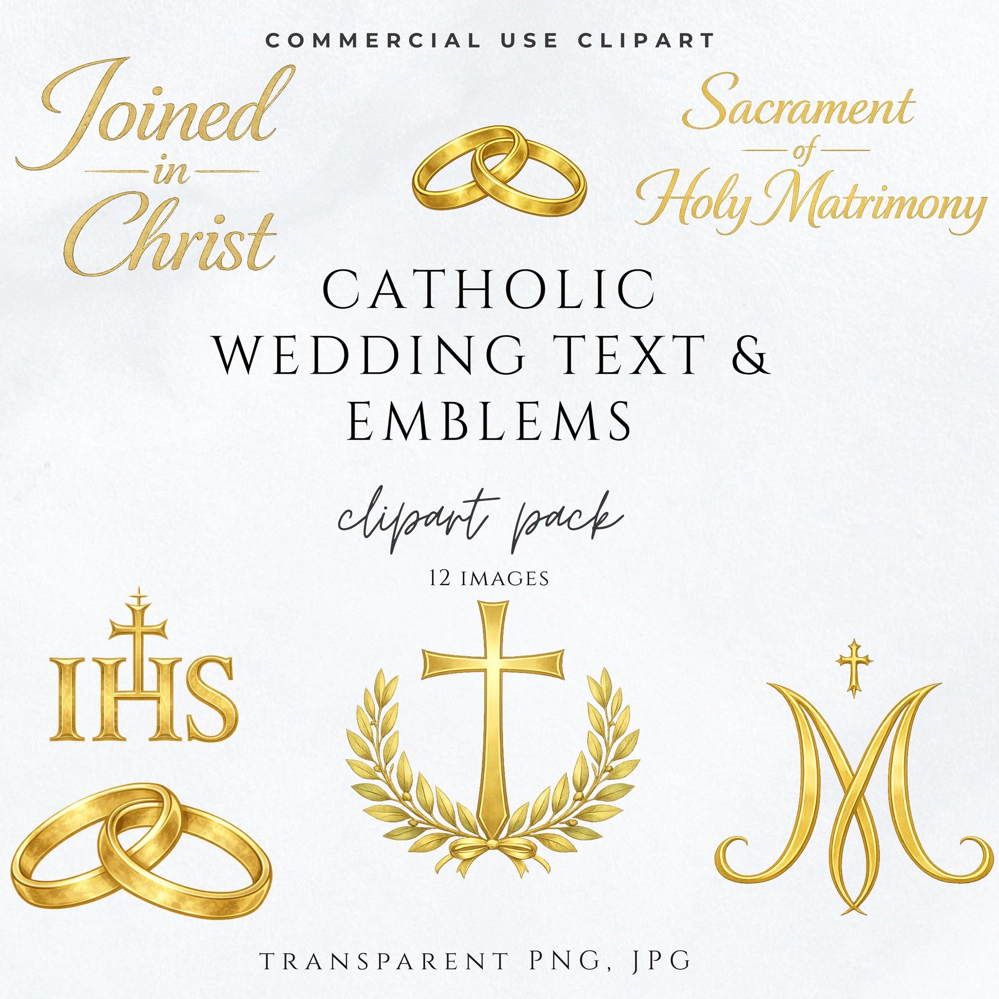 Catholic wedding clipart with gold Holy Matrimony text and wedding emblems / Clipart de boda católica con texto dorado del Santo Matrimonio y emblemas religiosos
