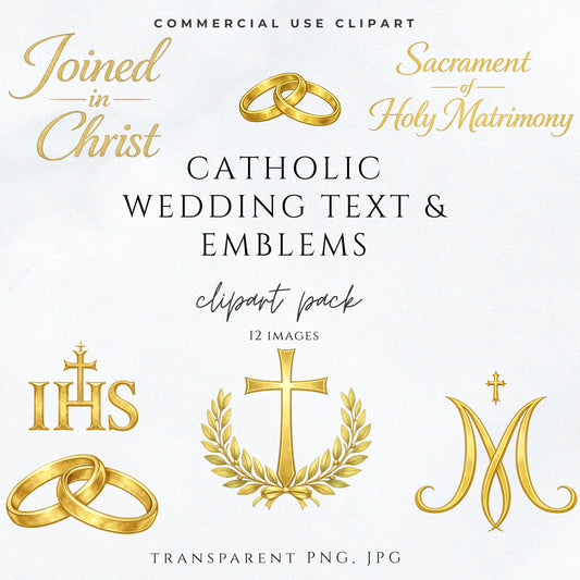 Catholic wedding clipart with gold Holy Matrimony text and wedding emblems / Clipart de boda católica con texto dorado del Santo Matrimonio y emblemas religiosos
