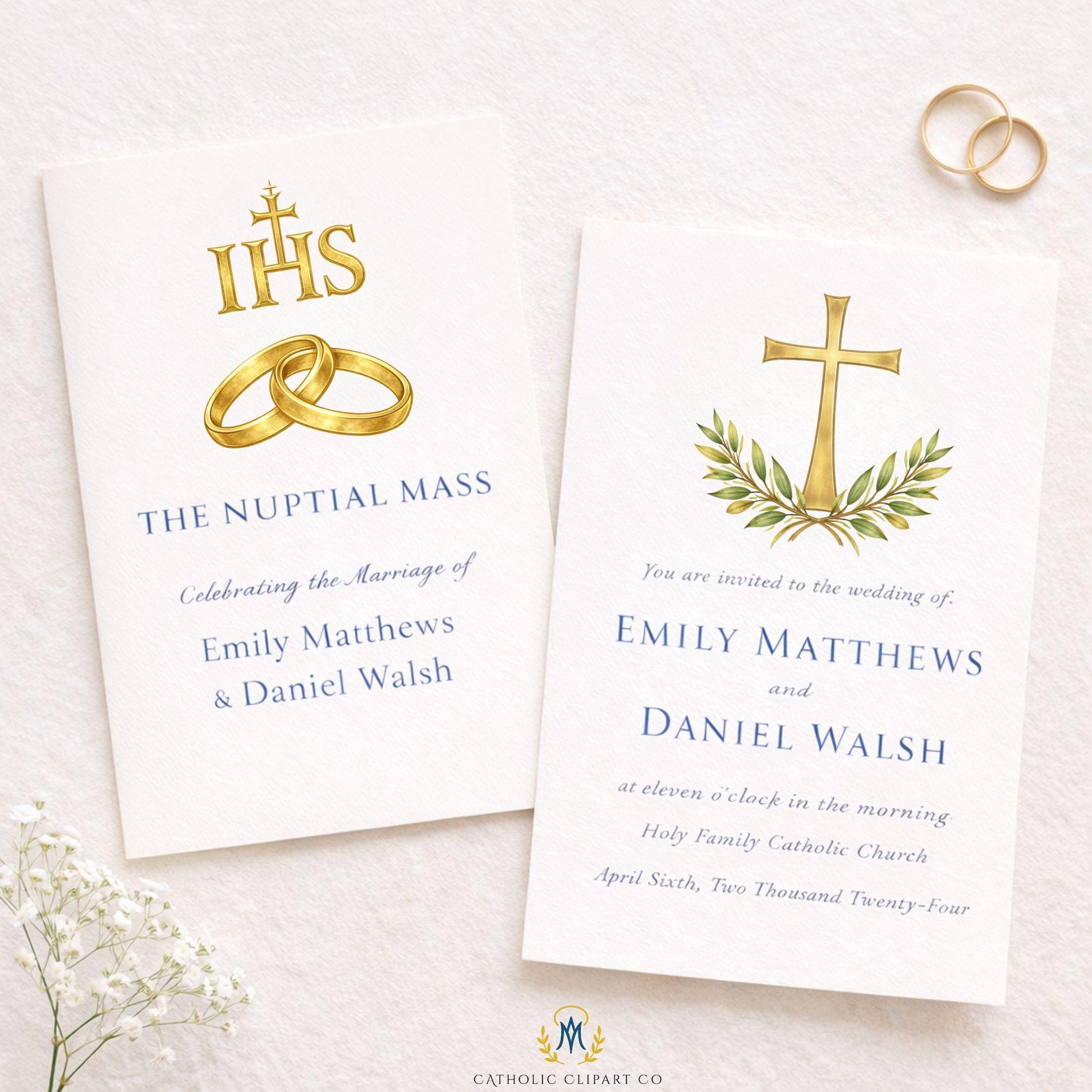 Joined in Christ gold wedding text clipart for Catholic invitations / Texto dorado “Unidos en Cristo” para invitaciones de boda católicas