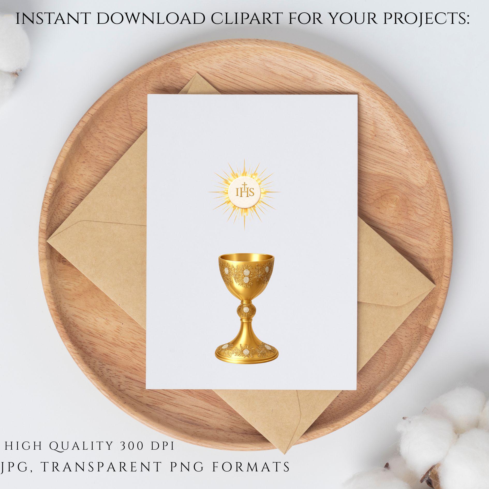 Gold chalice and host Catholic clipart for church and parish materials
Clipart católico de cáliz dorado y hostia para materiales parroquiales y de iglesia
