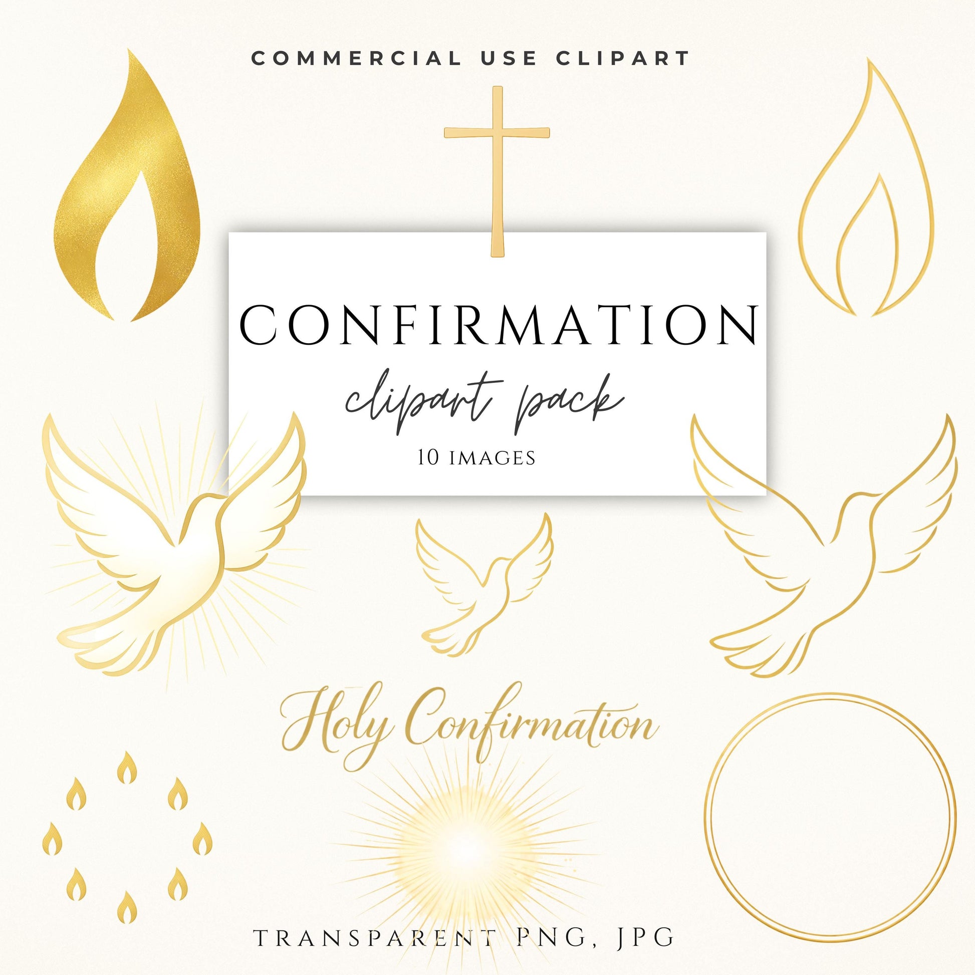 Gold Holy Confirmation clipart pack with dove, flame, and cross symbols / Paquete de clipart de Confirmación con paloma, llama y cruz dorada