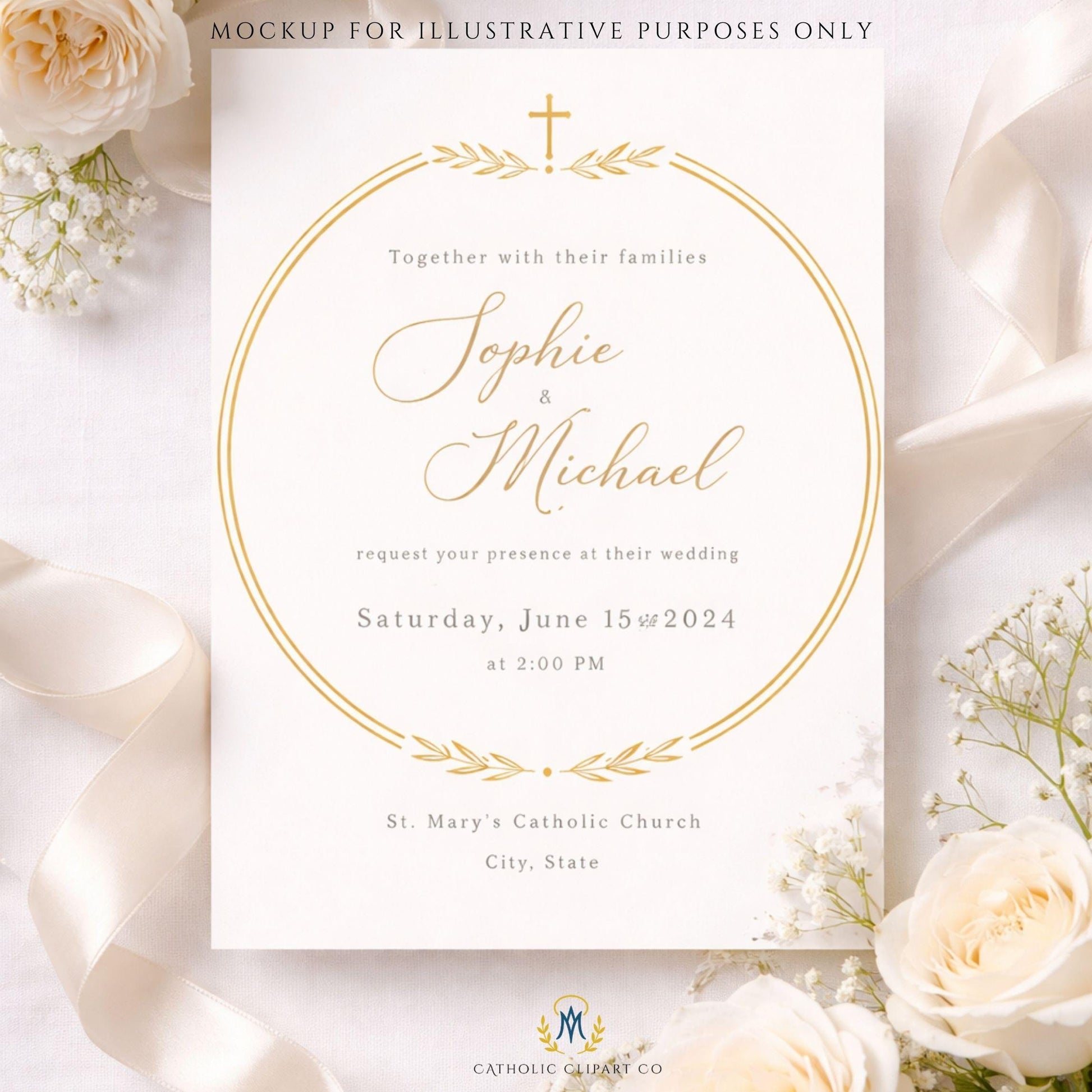 Gold religious wedding frame used on formal invitation mockup / Marco religioso dorado usado en invitación formal
