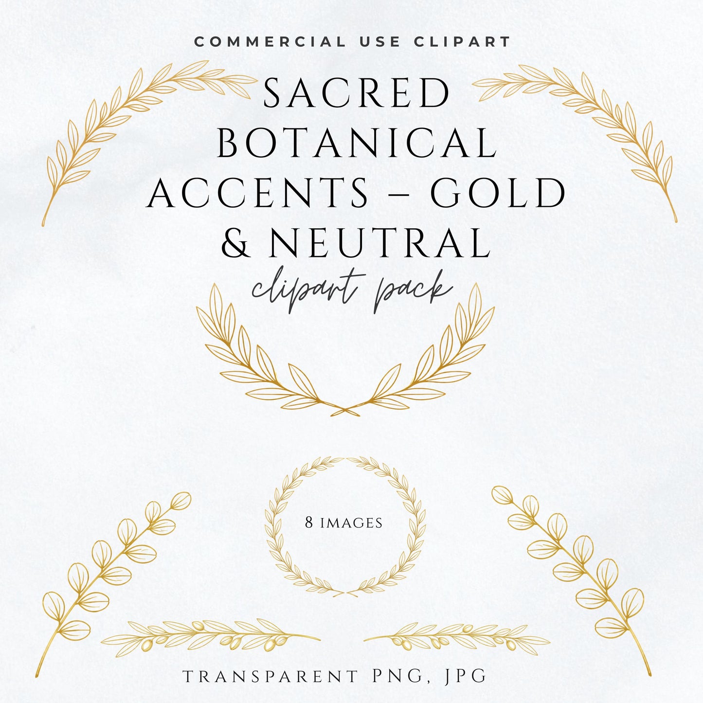 Gold botanical clipart pack with olive branches and laurel wreaths for wedding and church stationery | Paquete de clipart botánico dorado con ramas de olivo y coronas de laurel para bodas e iglesia