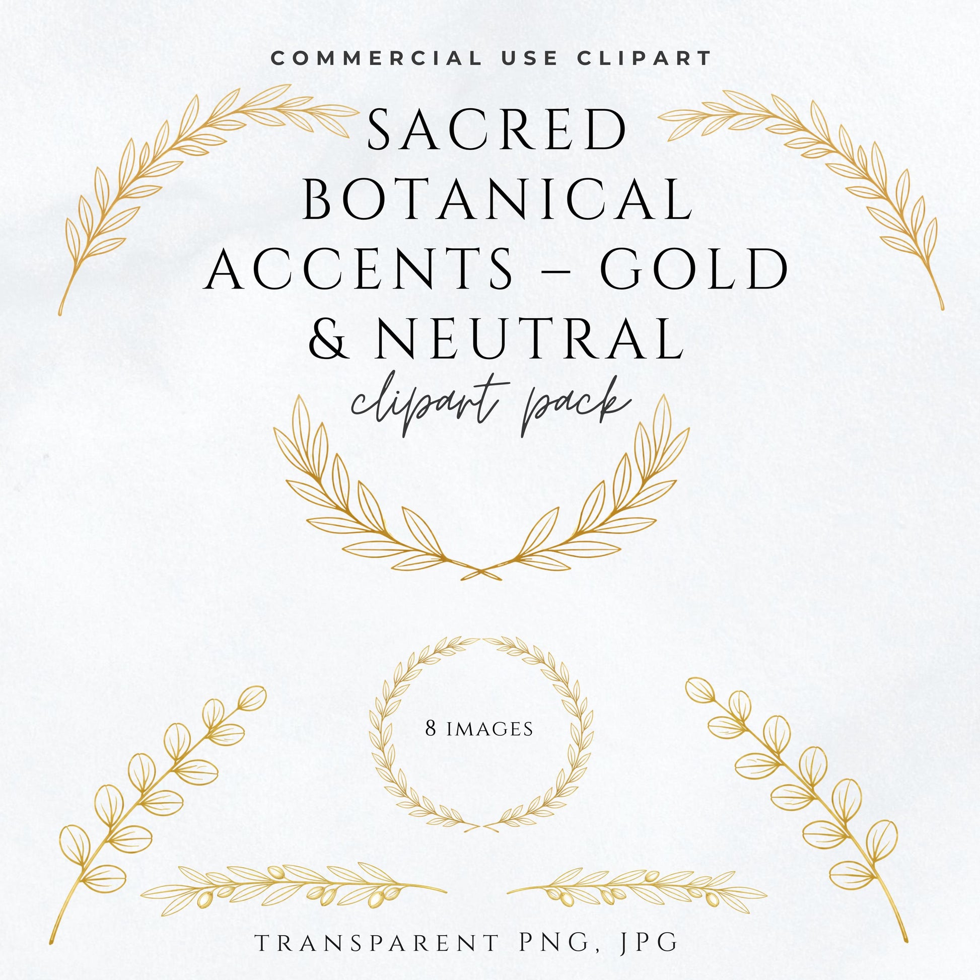 Gold botanical clipart pack with olive branches and laurel wreaths for wedding and church stationery | Paquete de clipart botánico dorado con ramas de olivo y coronas de laurel para bodas e iglesia