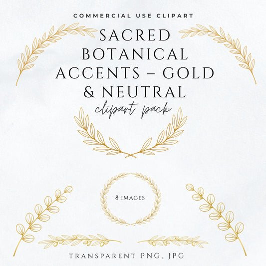 Gold botanical clipart pack with olive branches and laurel wreaths for wedding and church stationery | Paquete de clipart botánico dorado con ramas de olivo y coronas de laurel para bodas e iglesia