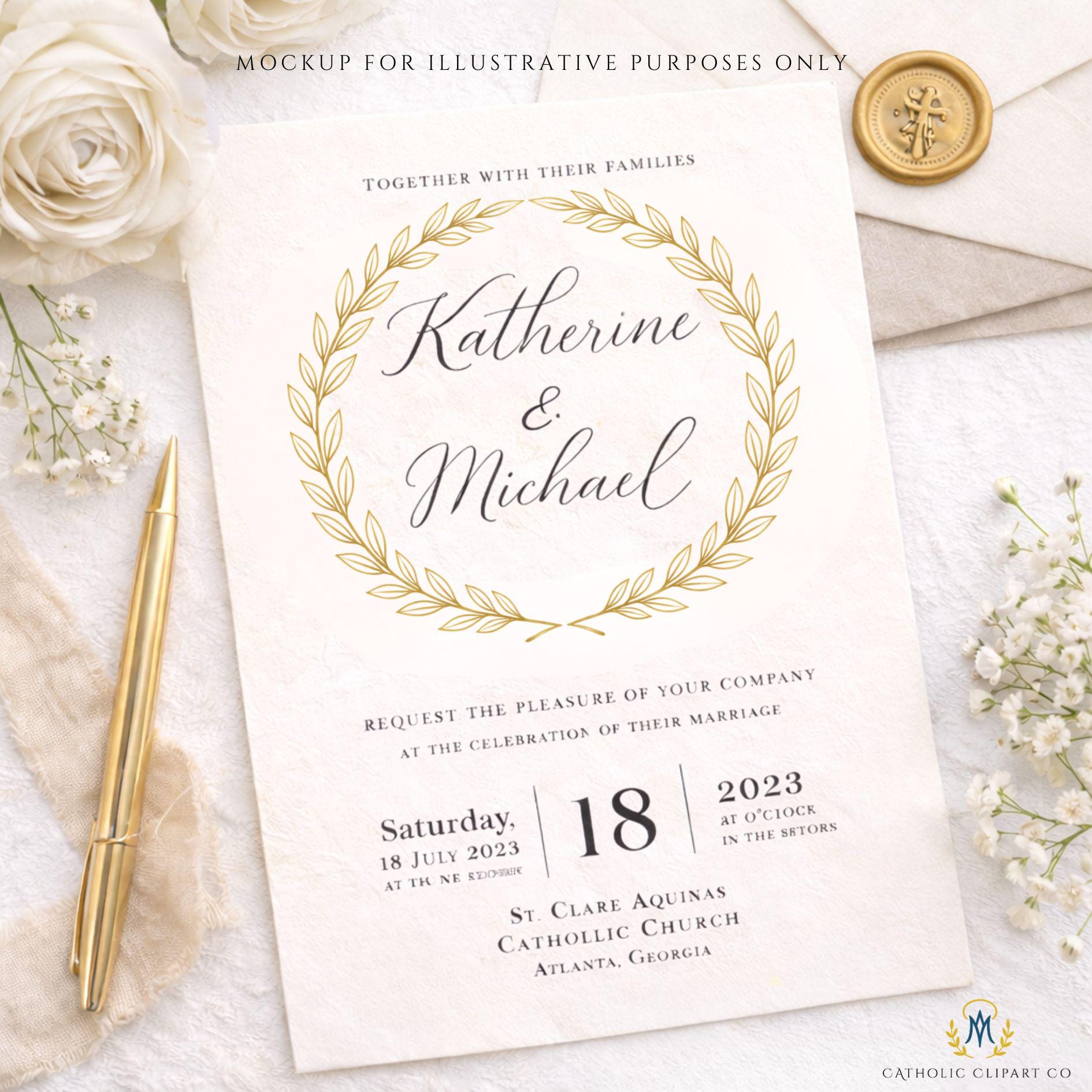 Gold laurel wreath clipart circle frame for elegant wedding invitations | Corona circular de laurel dorado en clipart para invitaciones de boda elegantes