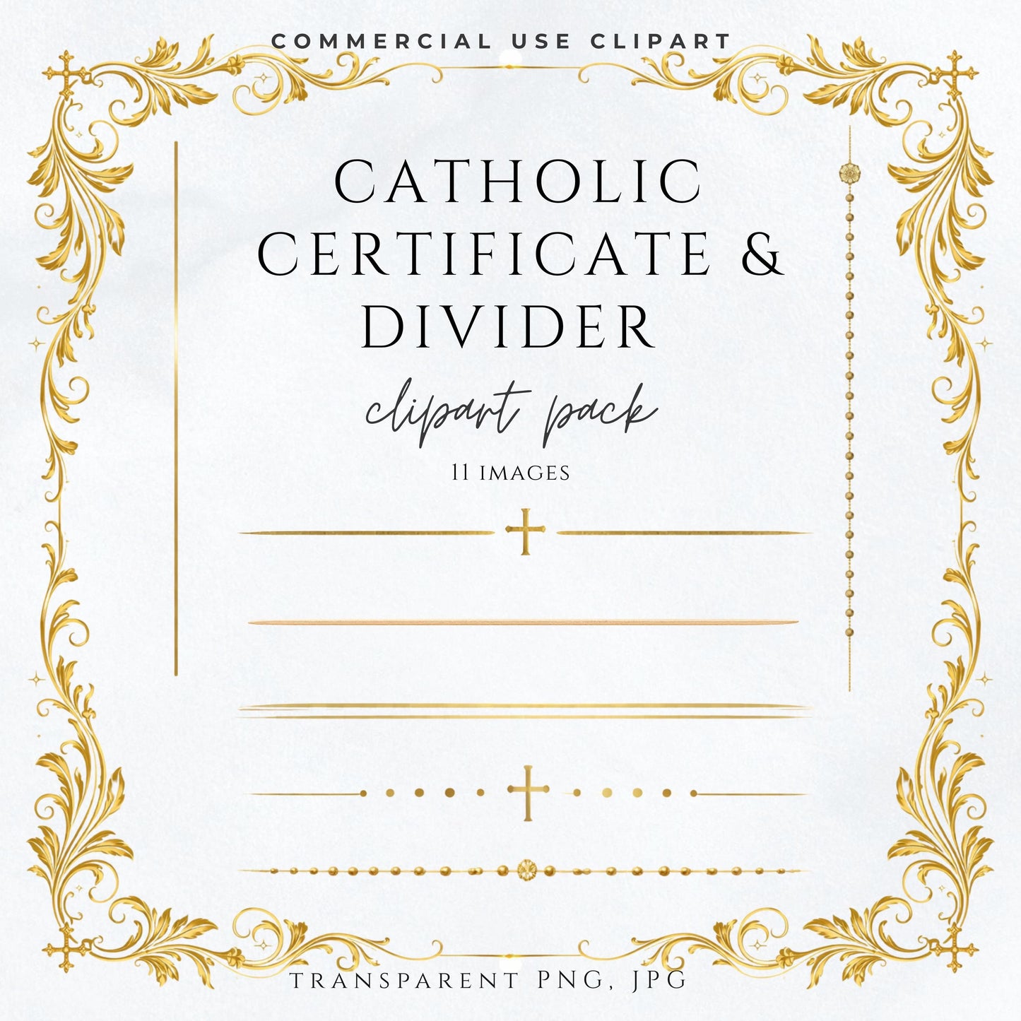 Catholic certificate clipart pack featuring elegant gold dividers and borders for baptism and church documents | Paquete de clipart de certificados católicos con divisores y bordes dorados para bautismo y documentos de iglesia