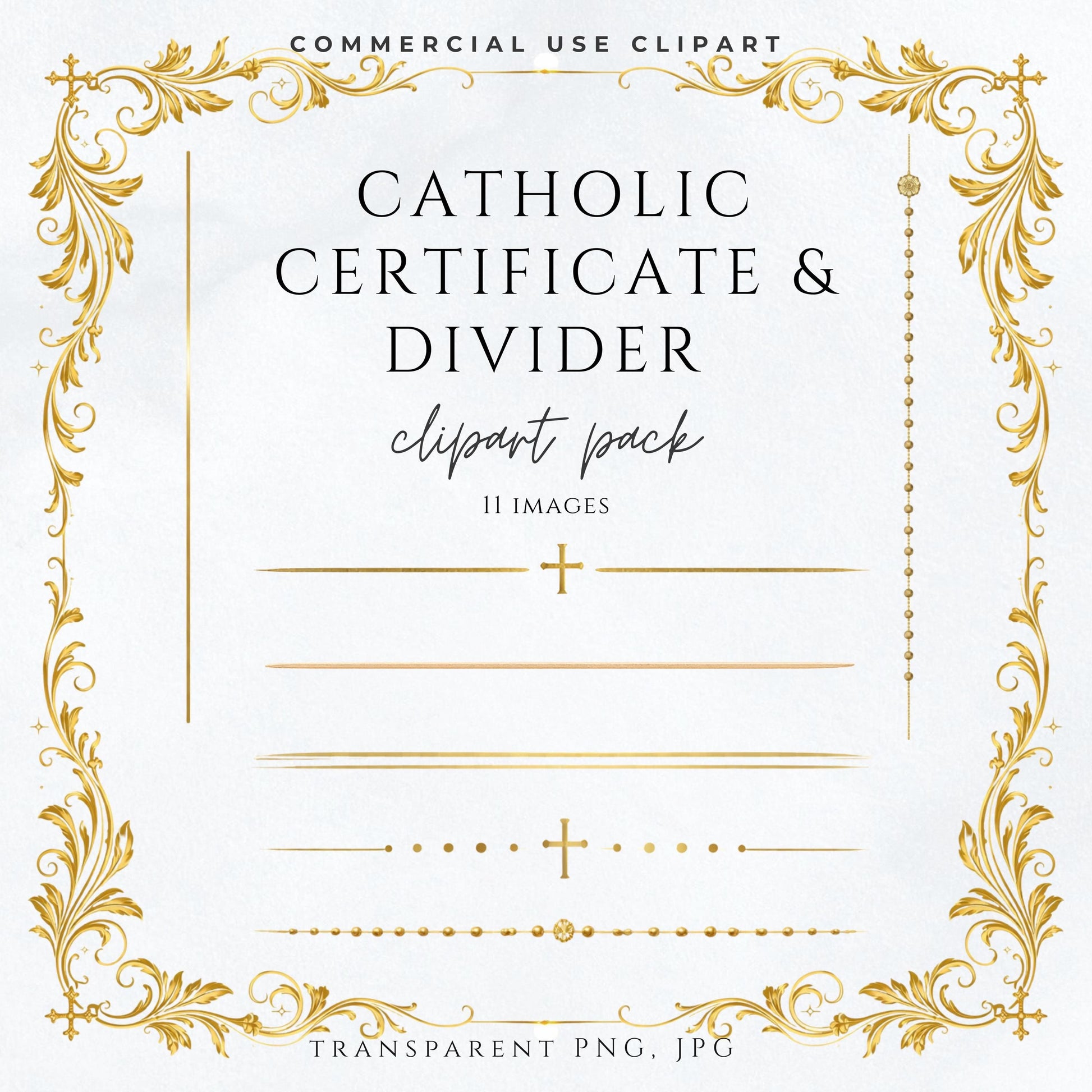 Catholic certificate clipart pack featuring elegant gold dividers and borders for baptism and church documents | Paquete de clipart de certificados católicos con divisores y bordes dorados para bautismo y documentos de iglesia