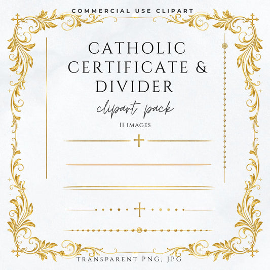 Catholic certificate clipart pack featuring elegant gold dividers and borders for baptism and church documents | Paquete de clipart de certificados católicos con divisores y bordes dorados para bautismo y documentos de iglesia