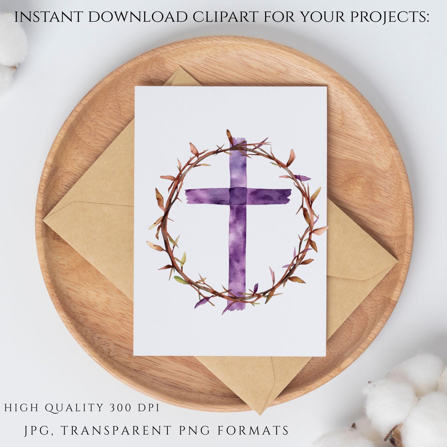 Christian Lent clipart set with watercolor religious graphics | Set de clipart cristiano de Cuaresma en acuarela