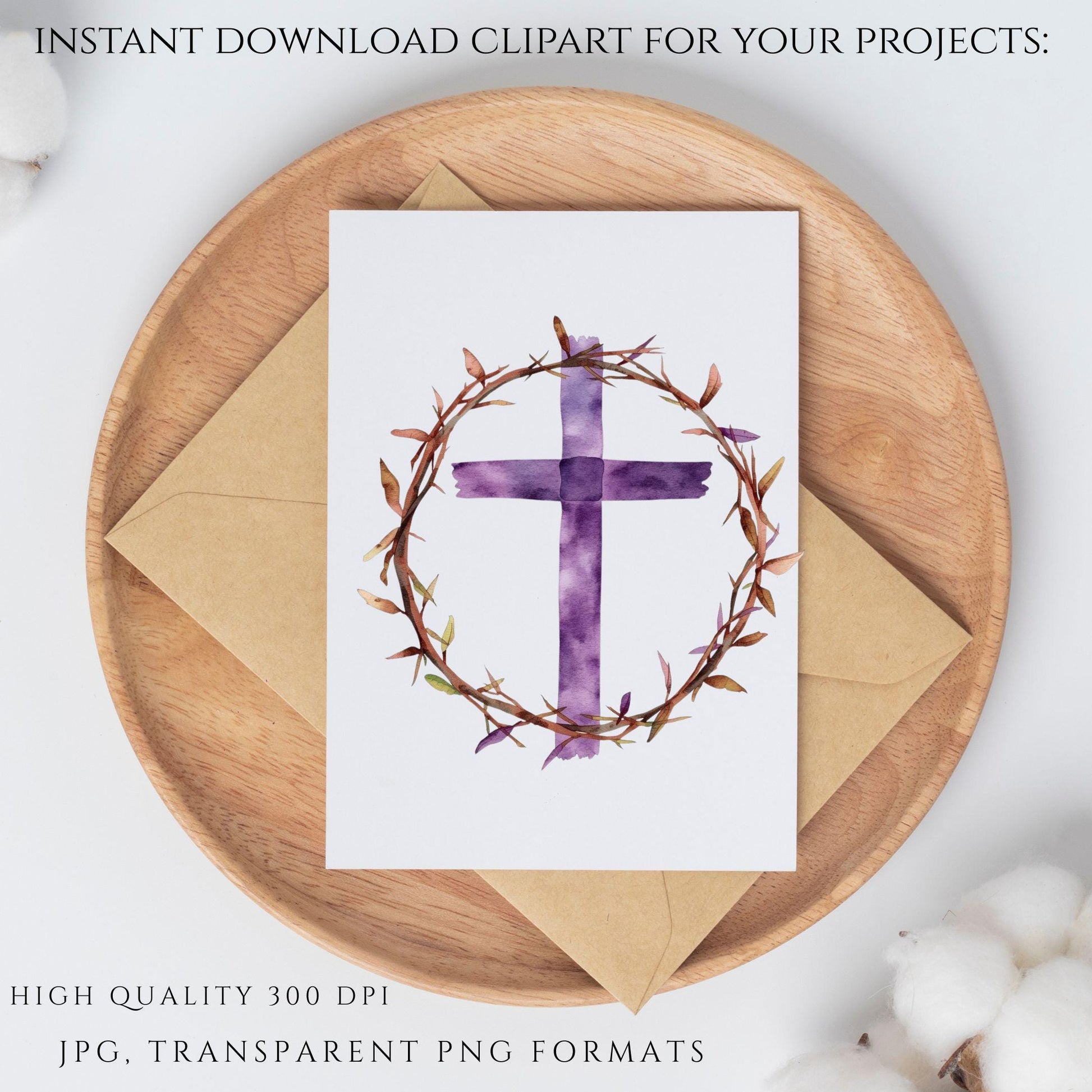 Christian Lent clipart set with watercolor religious graphics | Set de clipart cristiano de Cuaresma en acuarela