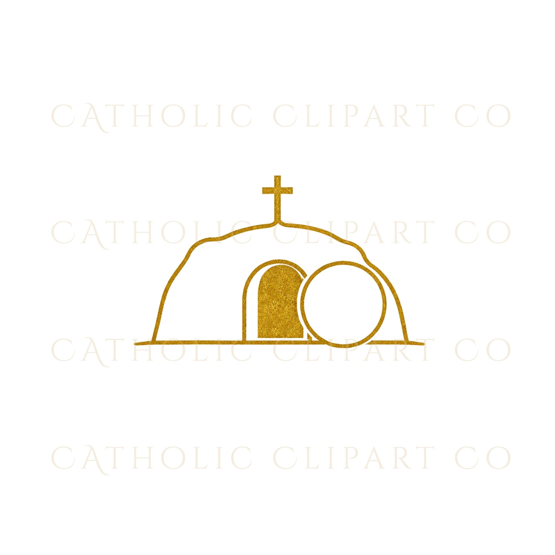 Ultra minimal empty tomb gold clipart for Lent and Holy Week church graphics | Clipart de tumba vacía ultra minimalista en dorado para gráficos de Cuaresma y Semana Santa