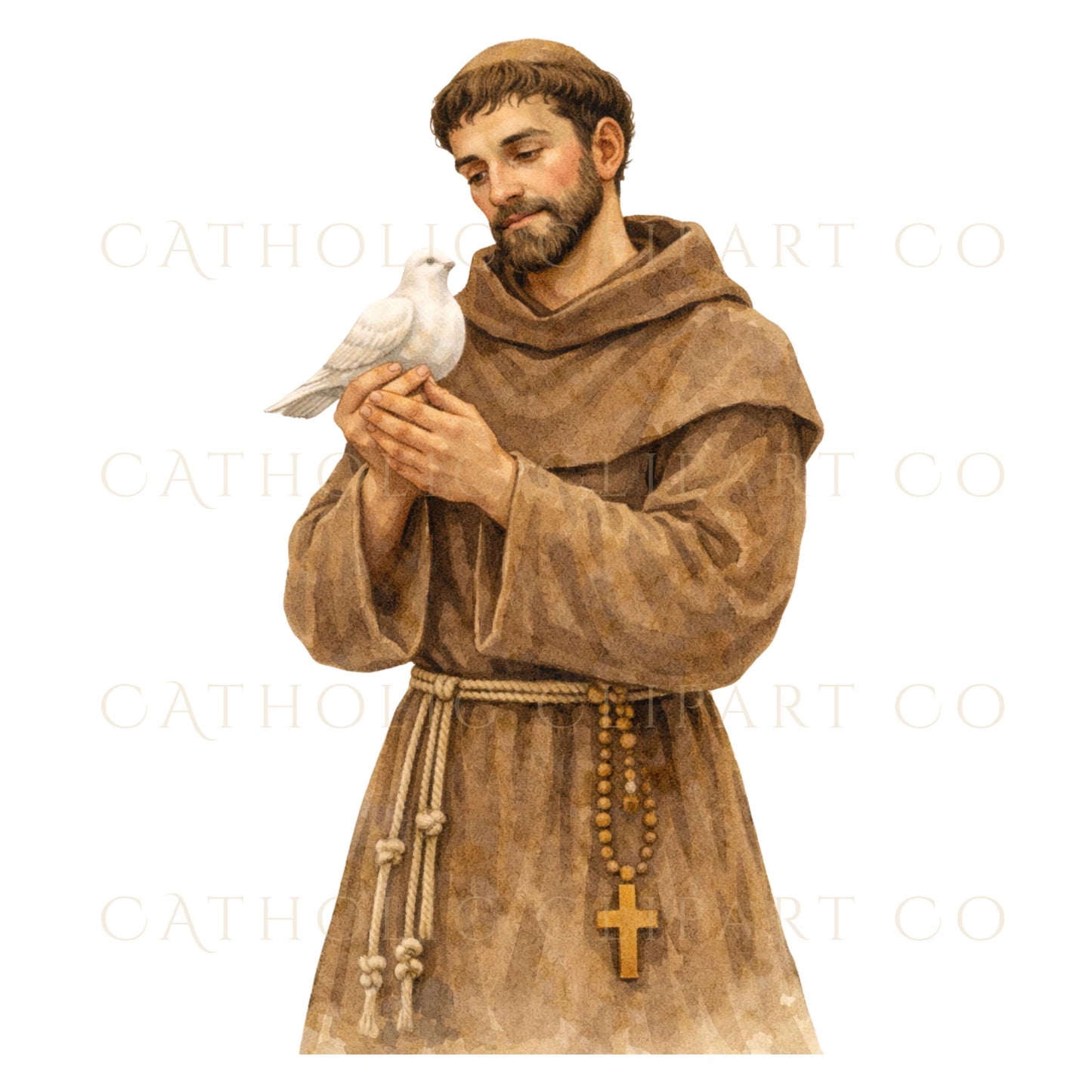 Watercolor Catholic saint illustration with animals, St. Francis clipart / Ilustración de santo católico con animales en acuarela, clipart de San Francisco