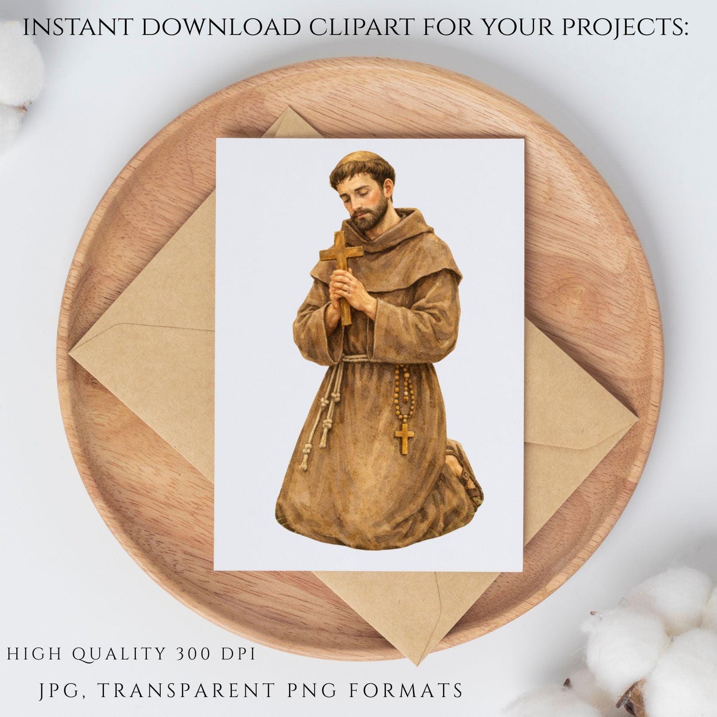 St. Francis holding a bird watercolor art, Catholic faith clipart / San Francisco sosteniendo un pájaro en acuarela, clipart de fe católica