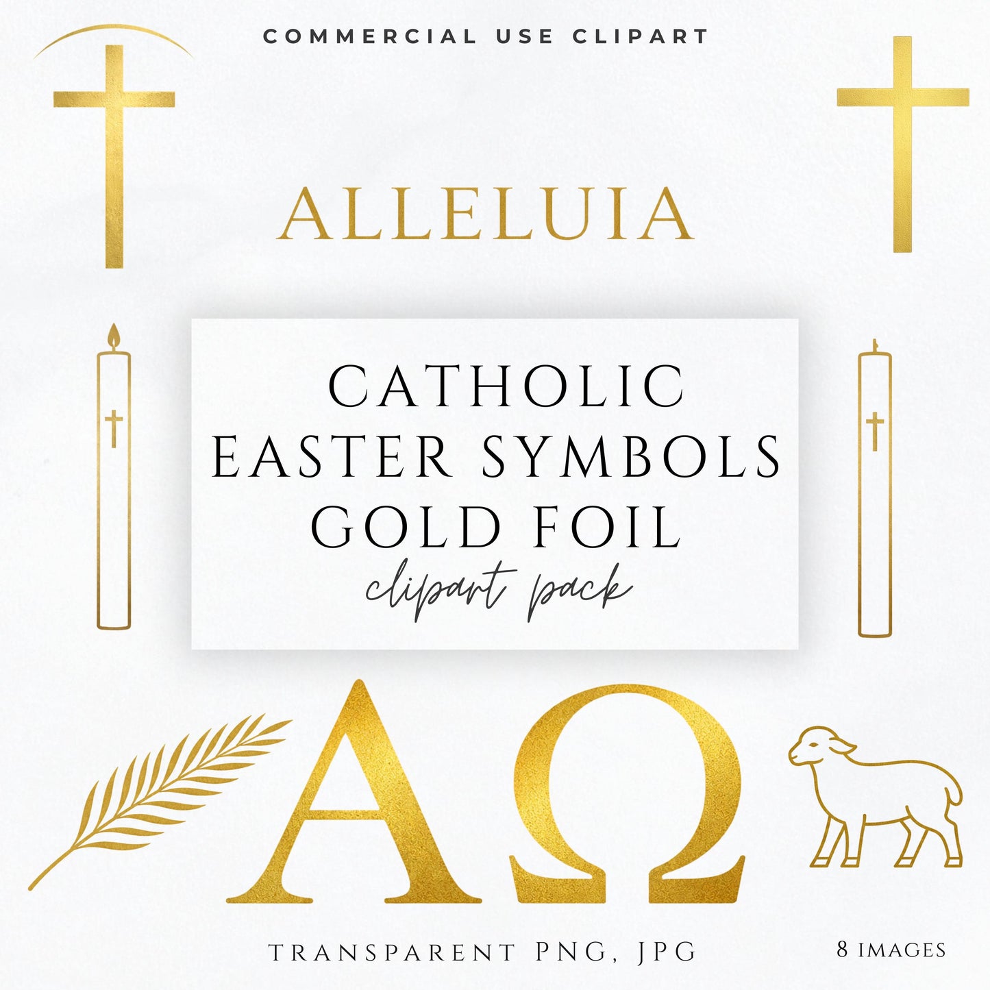 Catholic Easter symbols gold foil clipart pack with cross, Alleluia, Paschal candle, Alpha Omega and lamb
Paquete de clipart de símbolos católicos de Pascua en oro con cruz, Aleluya, cirio pascual, Alfa Omega y cordero
