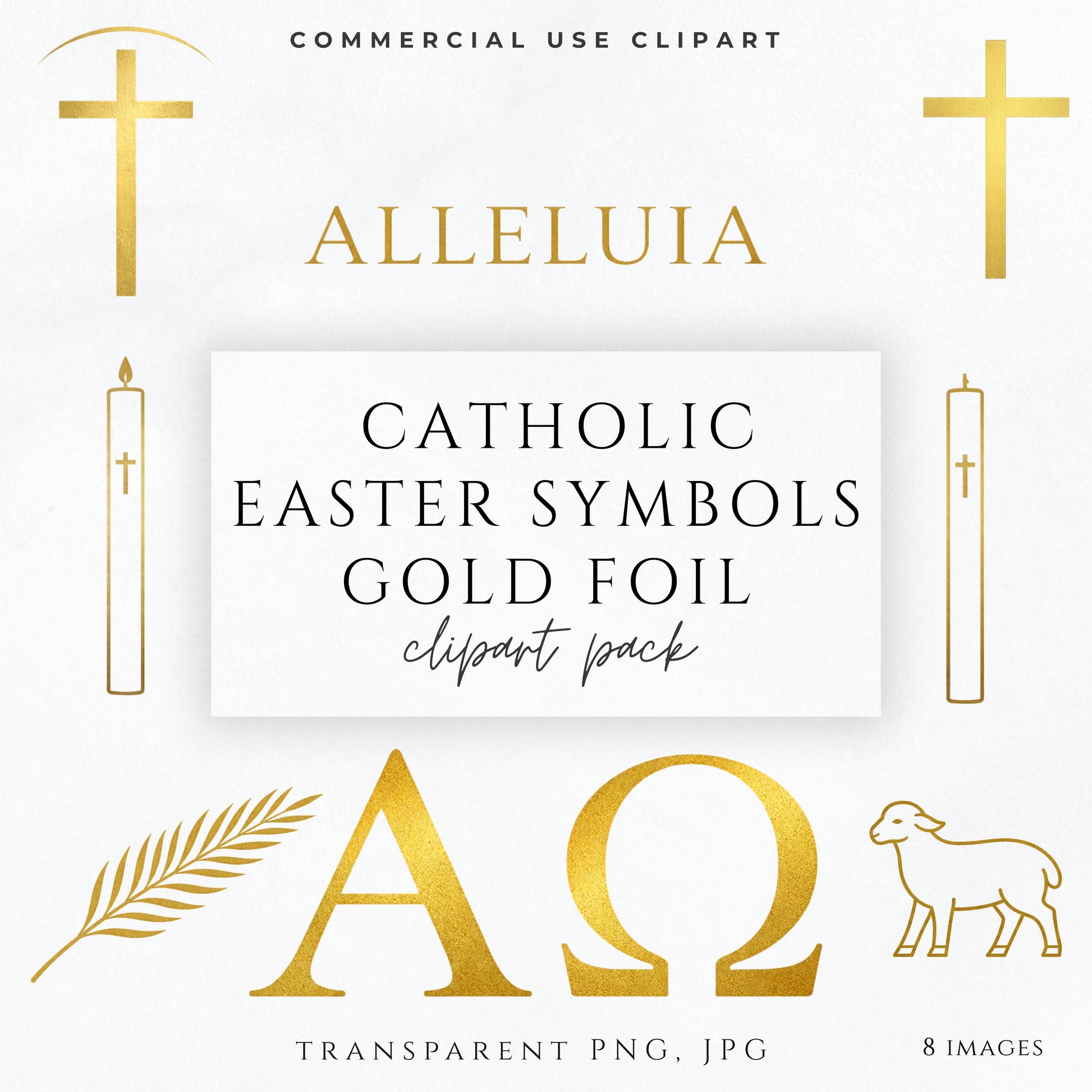 Catholic Easter symbols gold foil clipart pack with cross, Alleluia, Paschal candle, Alpha Omega and lamb
Paquete de clipart de símbolos católicos de Pascua en oro con cruz, Aleluya, cirio pascual, Alfa Omega y cordero