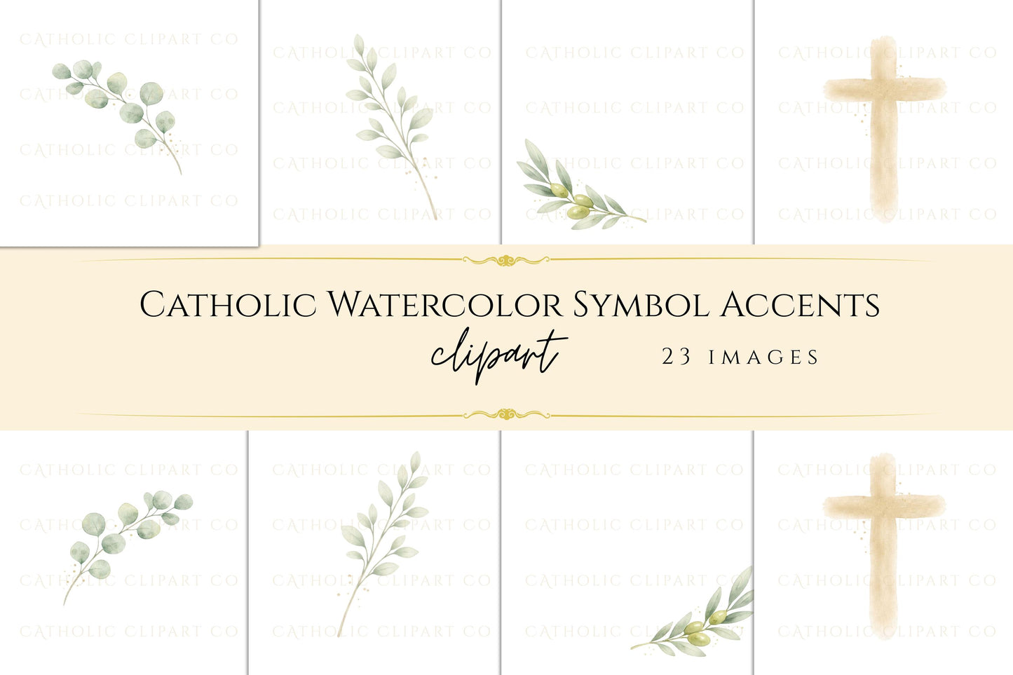 Olive branch watercolor clipart symbolizing peace and Catholic sacramental design | Rama de olivo en acuarela como símbolo de paz y diseño sacramental católico