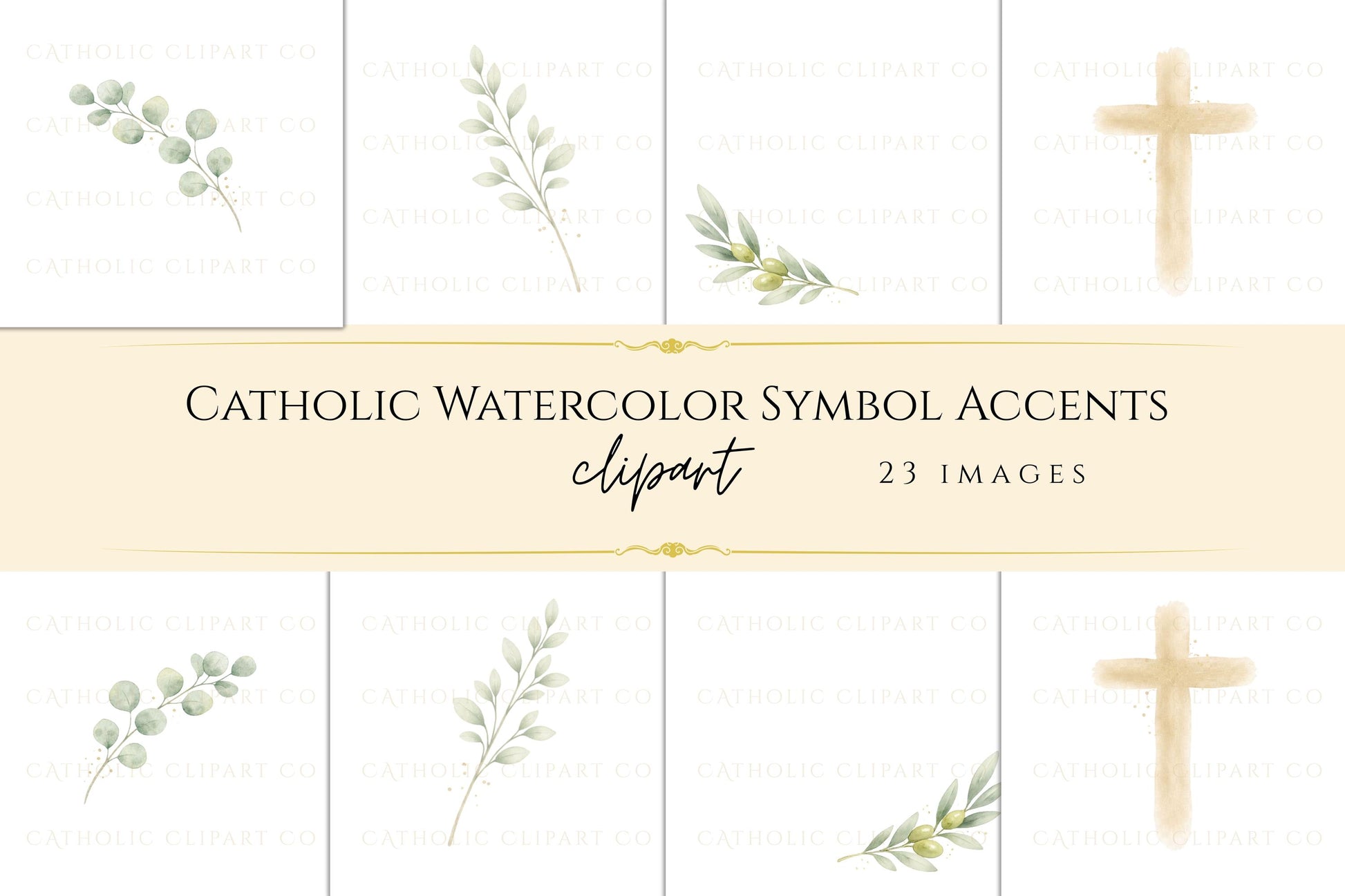 Olive branch watercolor clipart symbolizing peace and Catholic sacramental design | Rama de olivo en acuarela como símbolo de paz y diseño sacramental católico