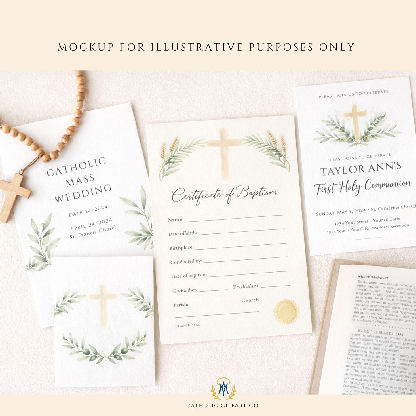 Catholic watercolor clipart featuring olive branches, laurel sprigs, wheat stems, and a Latin cross | Clipart católico en acuarela con ramas de olivo, laurel, espigas de trigo y cruz latina