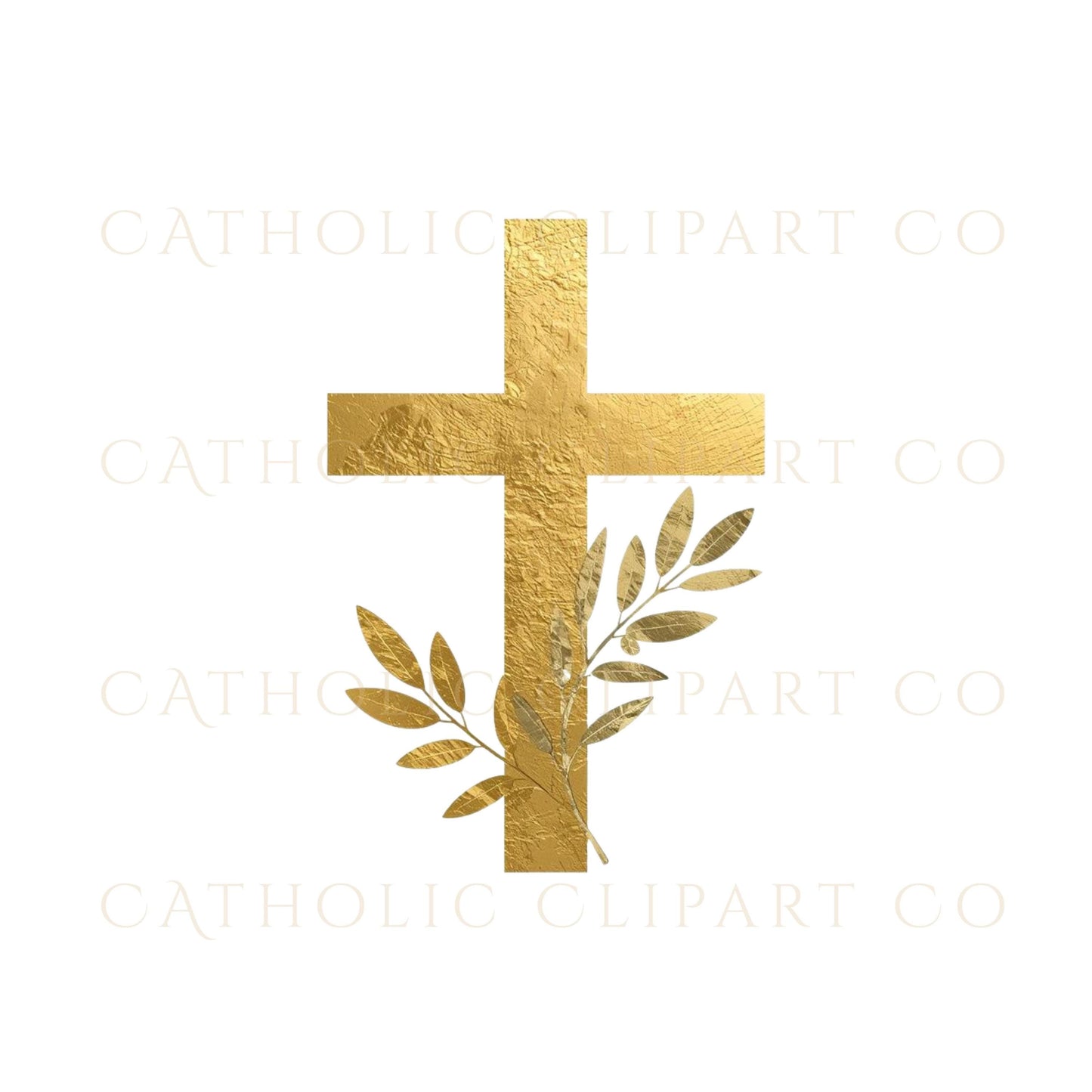 Catholic gold cross clipart with olive wreath design / Clipart de cruz católica dorada con corona de olivo