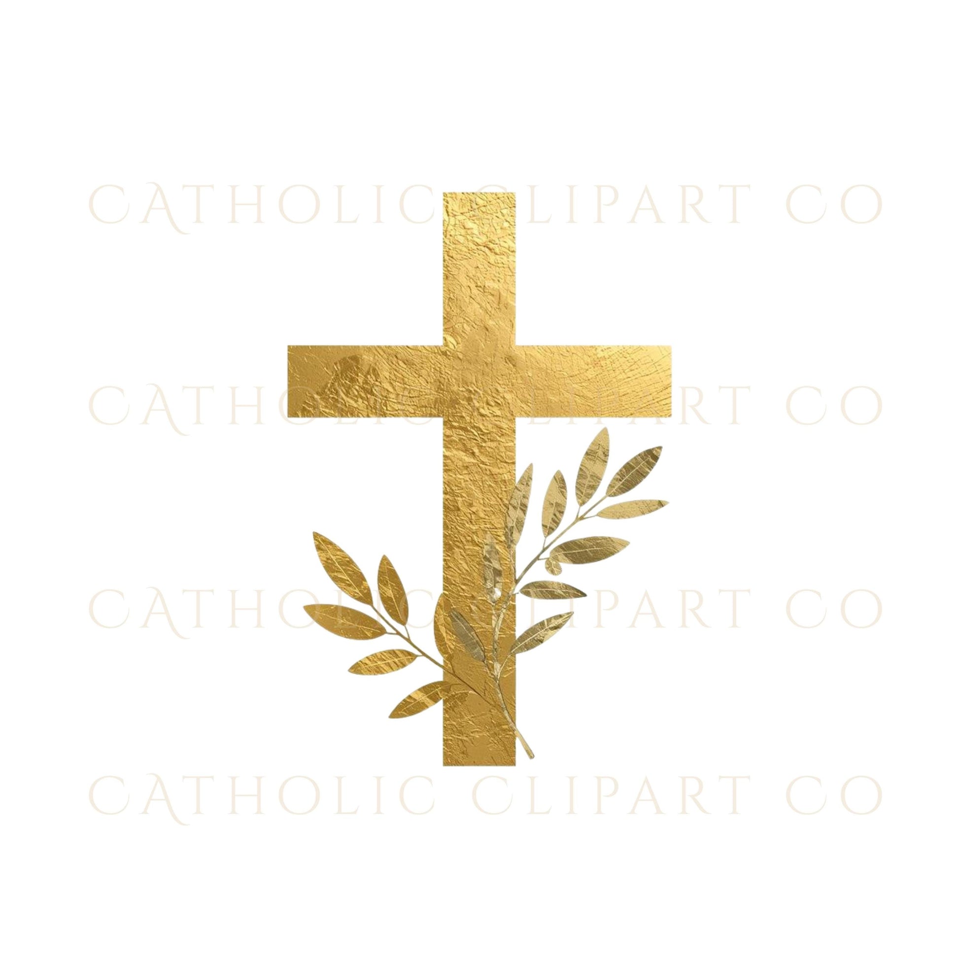 Catholic gold cross clipart with olive wreath design / Clipart de cruz católica dorada con corona de olivo
