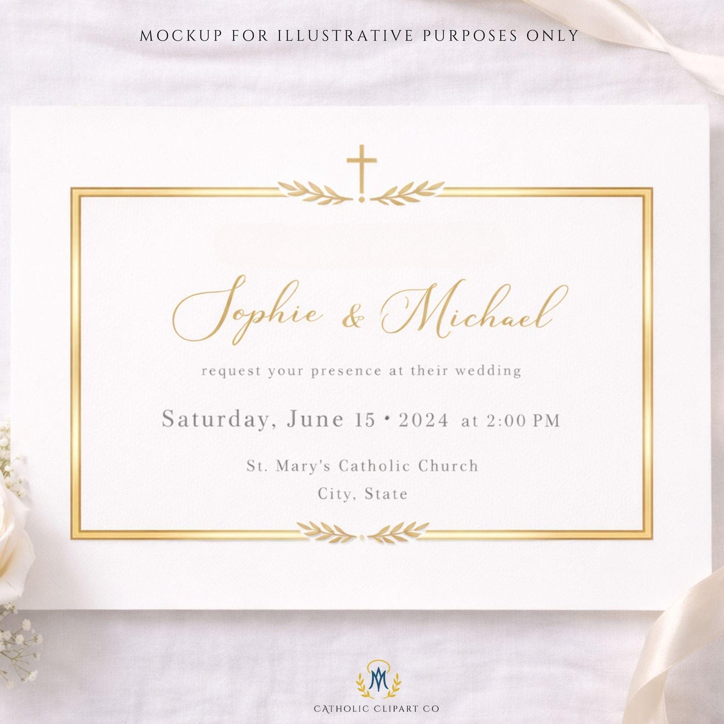 Christian wedding stationery mockup featuring gold laurel cross frame / Mockup de papelería cristiana con marco dorado y cruz