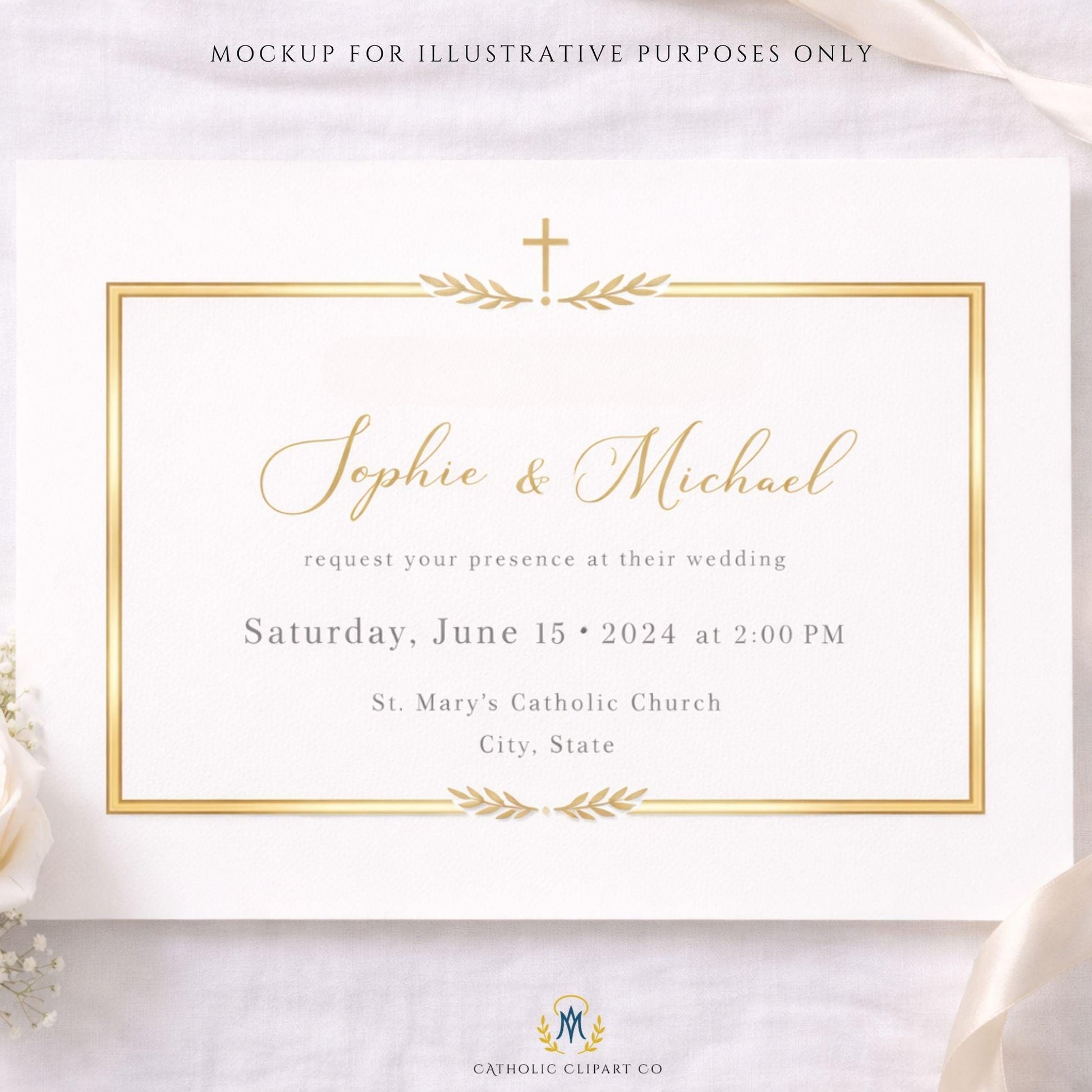 Christian wedding stationery mockup featuring gold laurel cross frame / Mockup de papelería cristiana con marco dorado y cruz