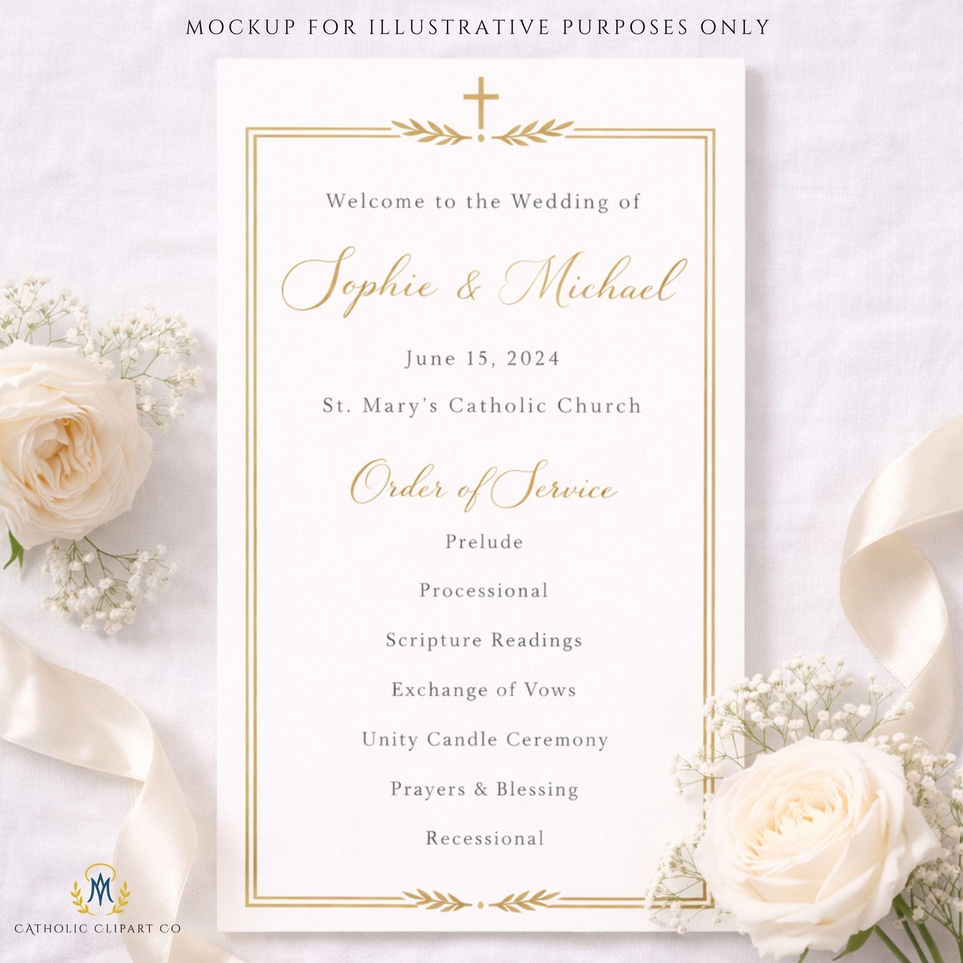 Elegant Catholic wedding frame clipart on neutral invitation background / Clipart elegante de marco católico sobre fondo neutro