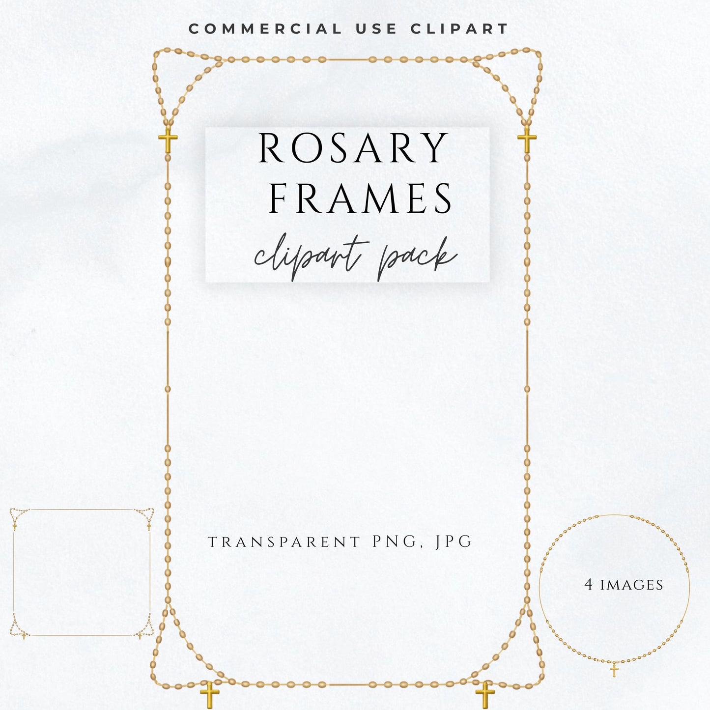 Gold Catholic rosary frame clipart displayed on neutral prayer card mockup
Marco de rosario católico dorado mostrado en maqueta de tarjeta de oración neutra