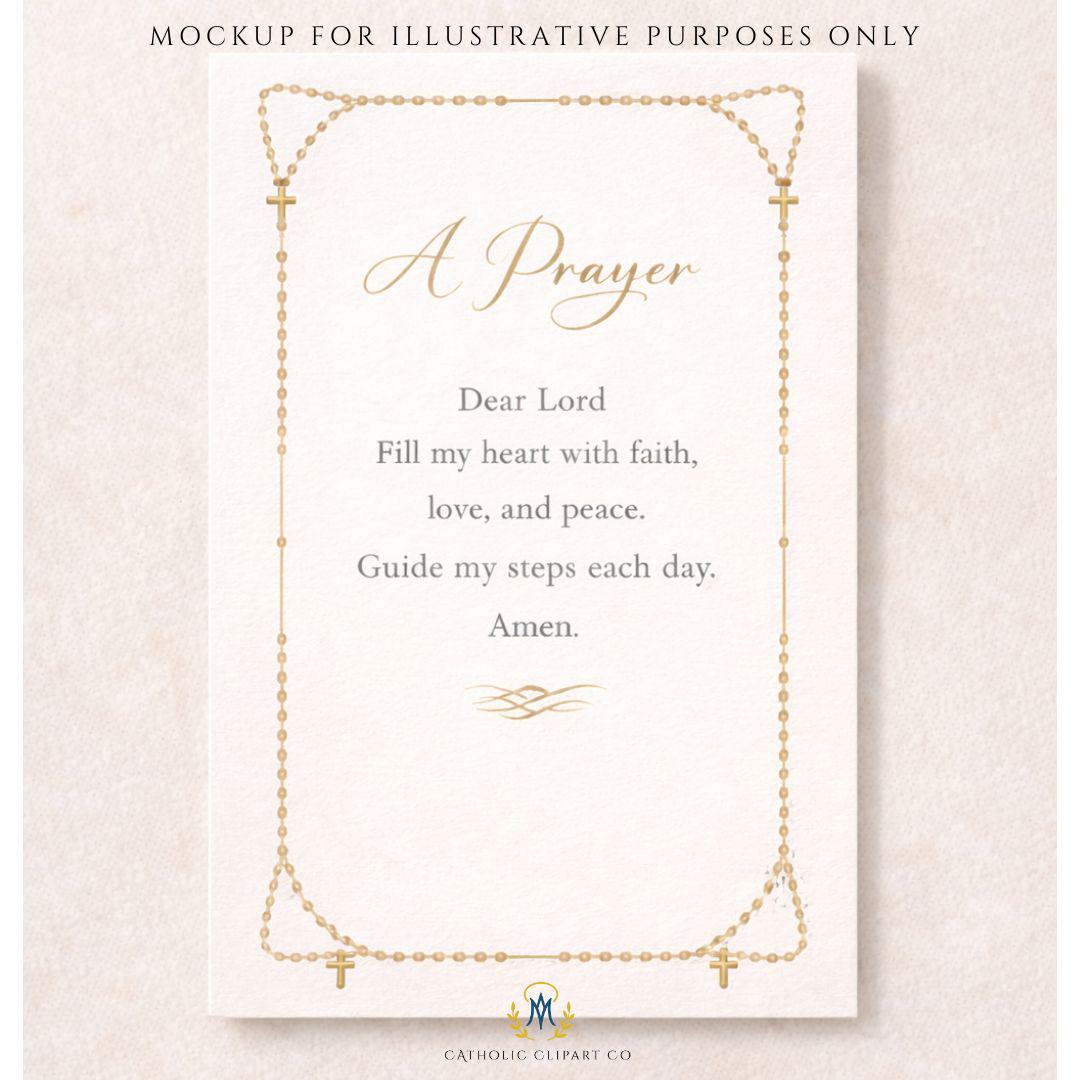 Elegant rosary border frame with gold beads and crosses on minimal background
Elegante marco de rosario con cuentas doradas y cruces sobre fondo minimalista